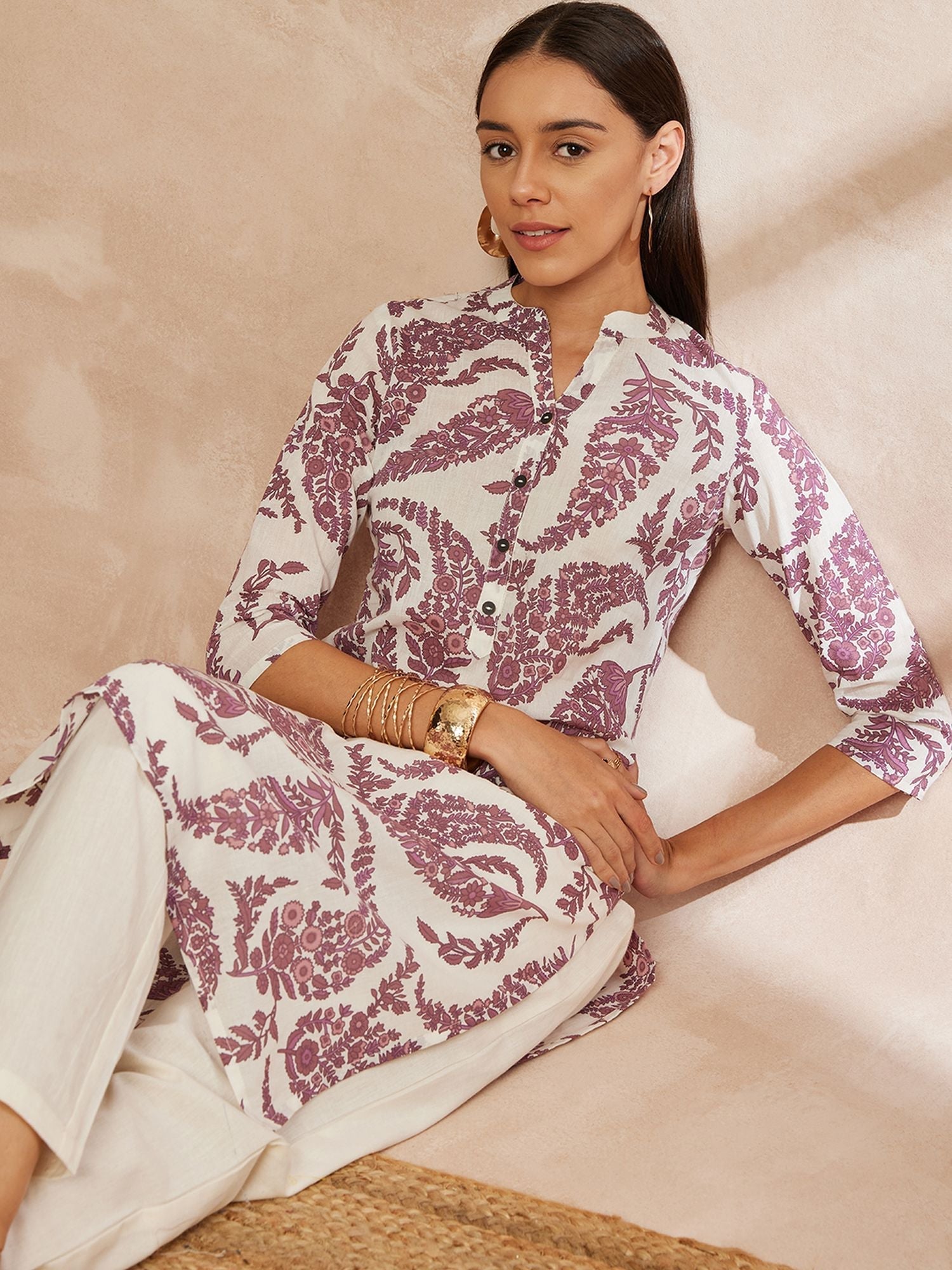 Purple & White Color Ethnic Motifs Printed Mandarin Collar Pure Cotton Kurta