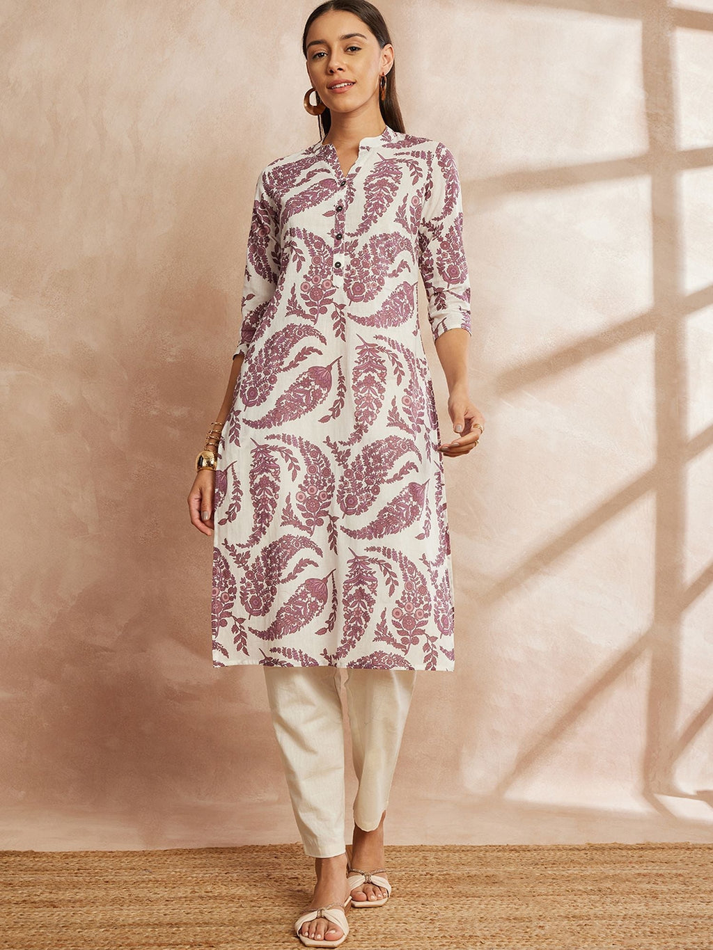Purple & White Color Ethnic Motifs Printed Mandarin Collar Pure Cotton Kurta