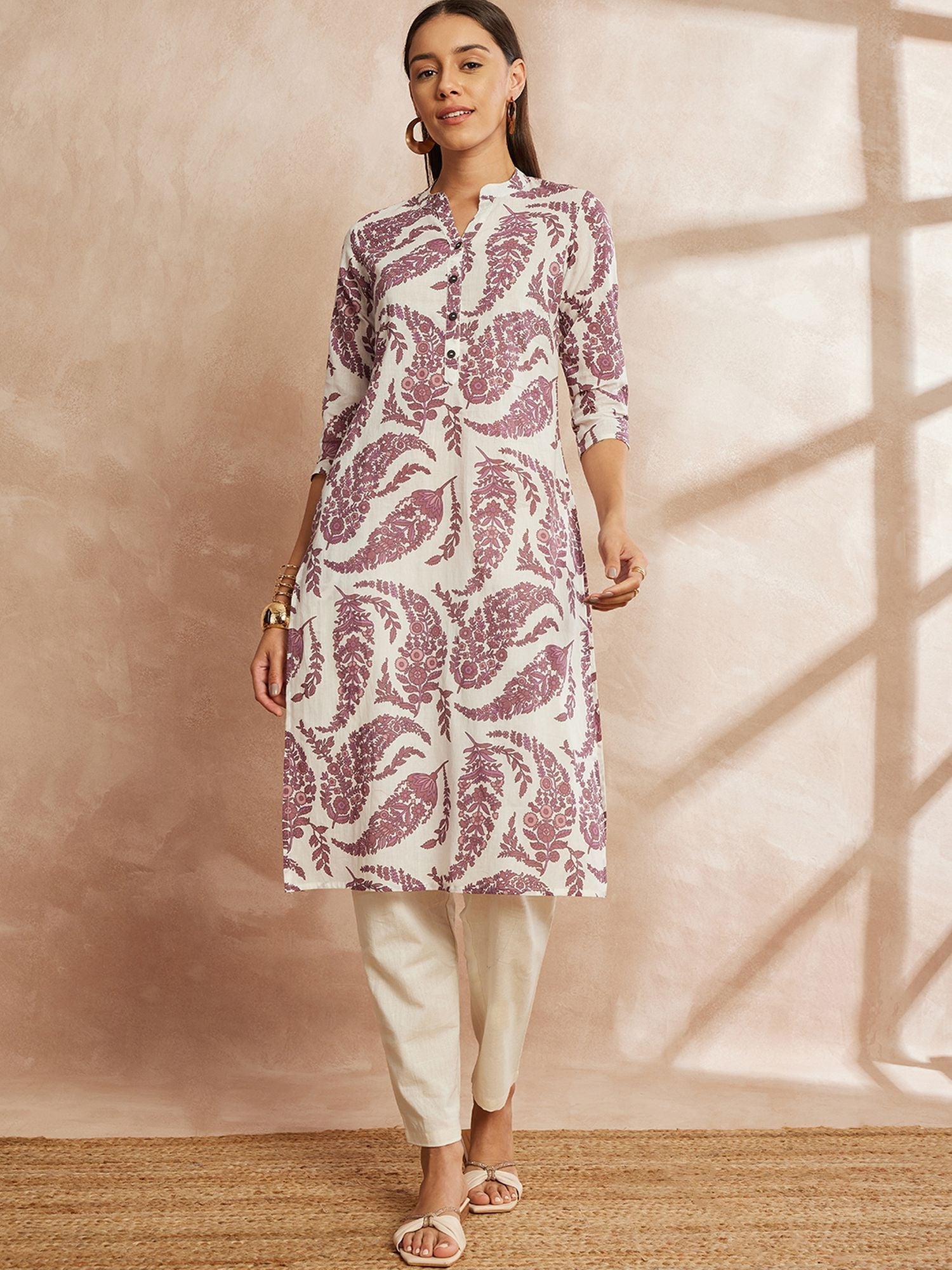 Purple & White Color Ethnic Motifs Printed Mandarin Collar Pure Cotton Kurta