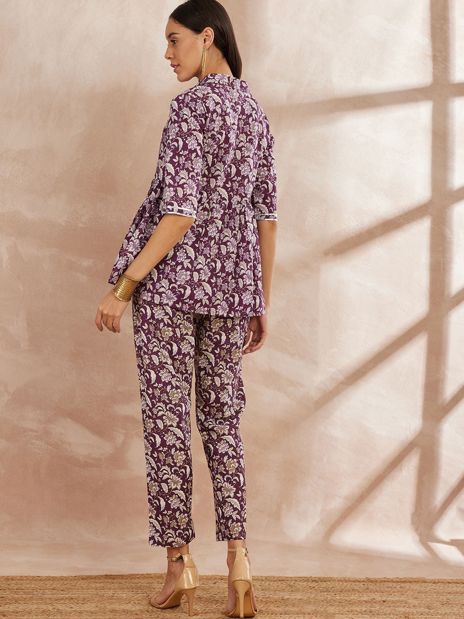 Purple Color Floral Printed Pure Cotton Tunic With Trouser