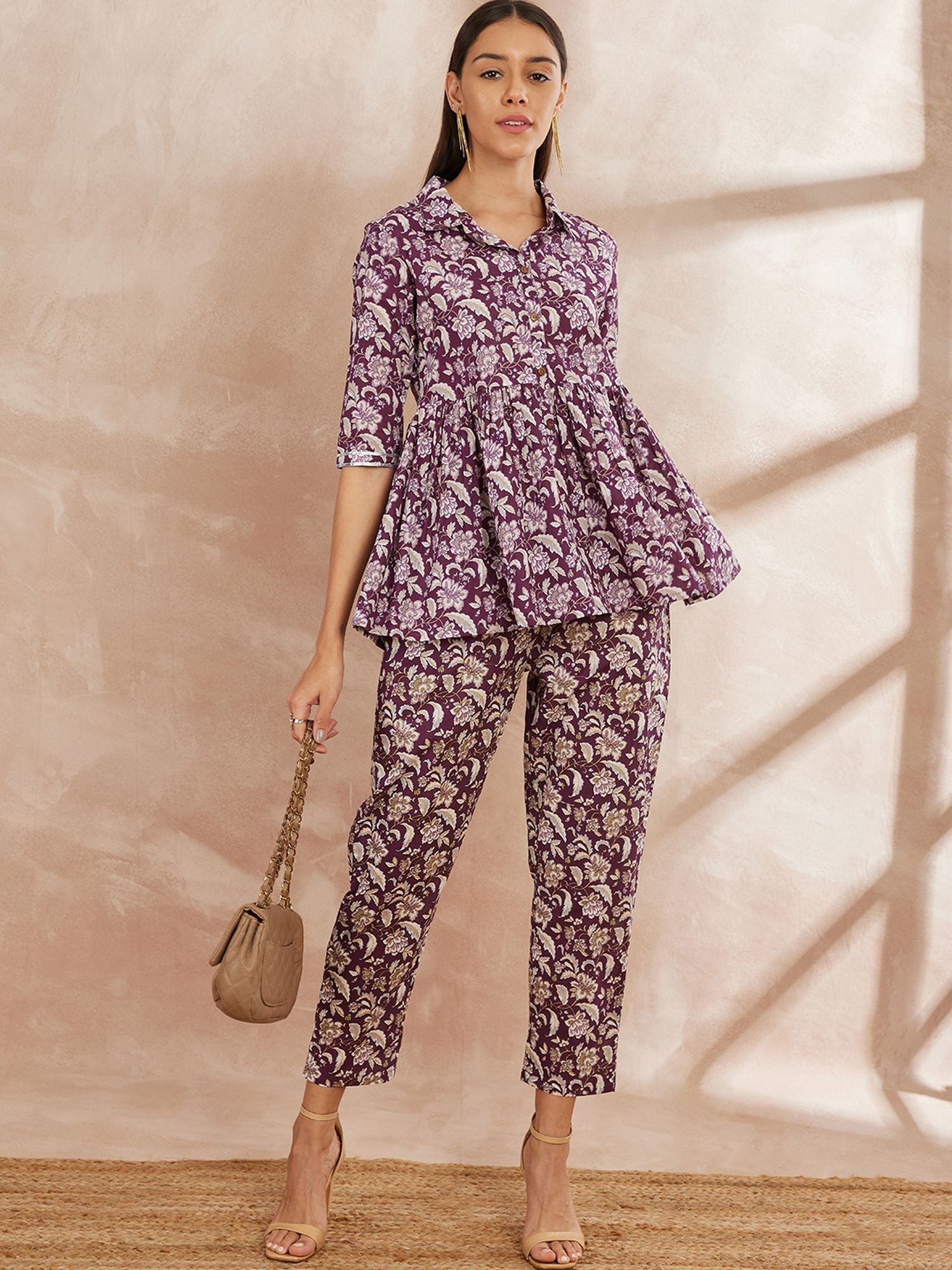 Purple Color Floral Printed Pure Cotton Tunic With Trouser