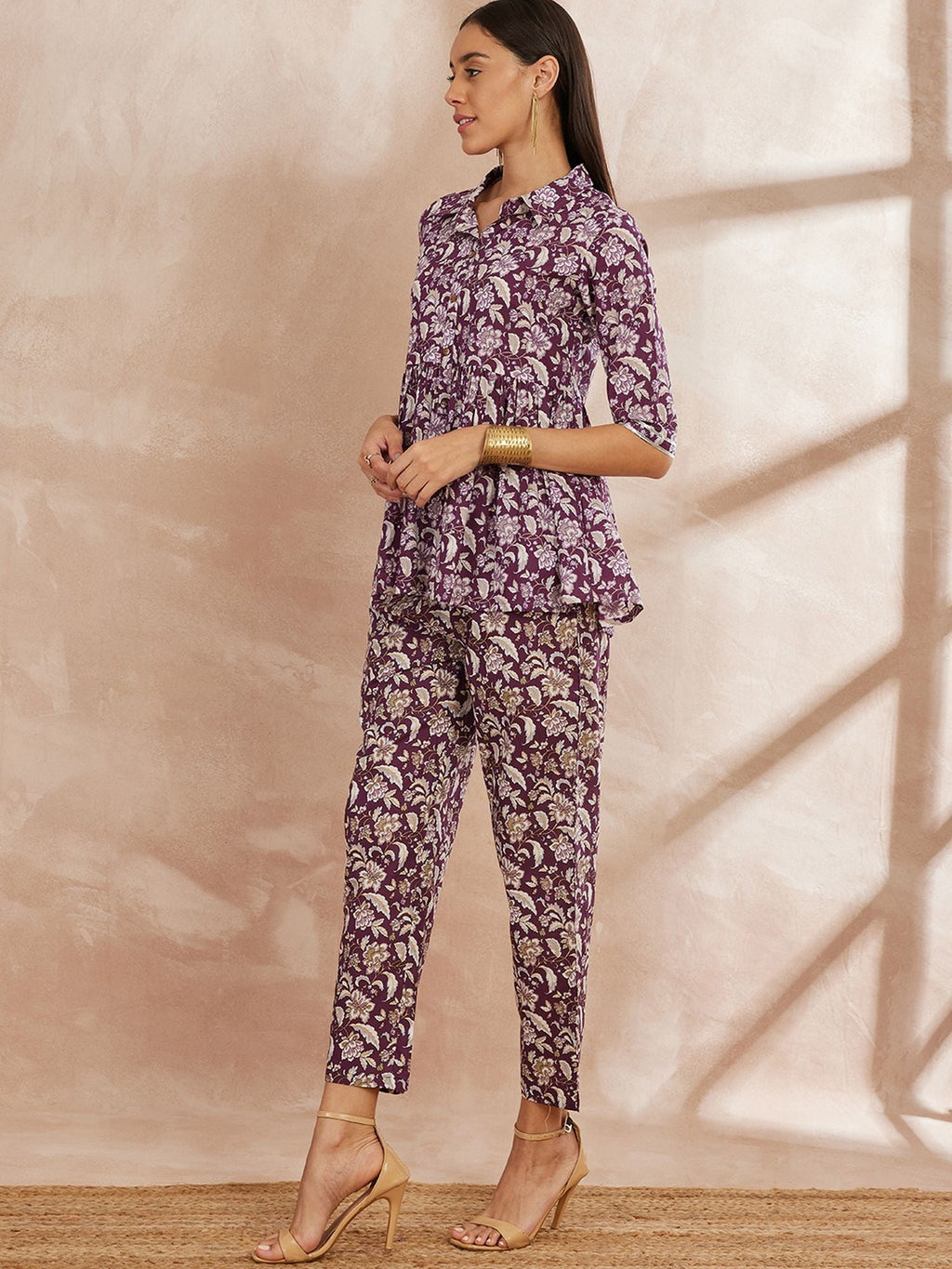 Purple Color Floral Printed Pure Cotton Tunic With Trouser