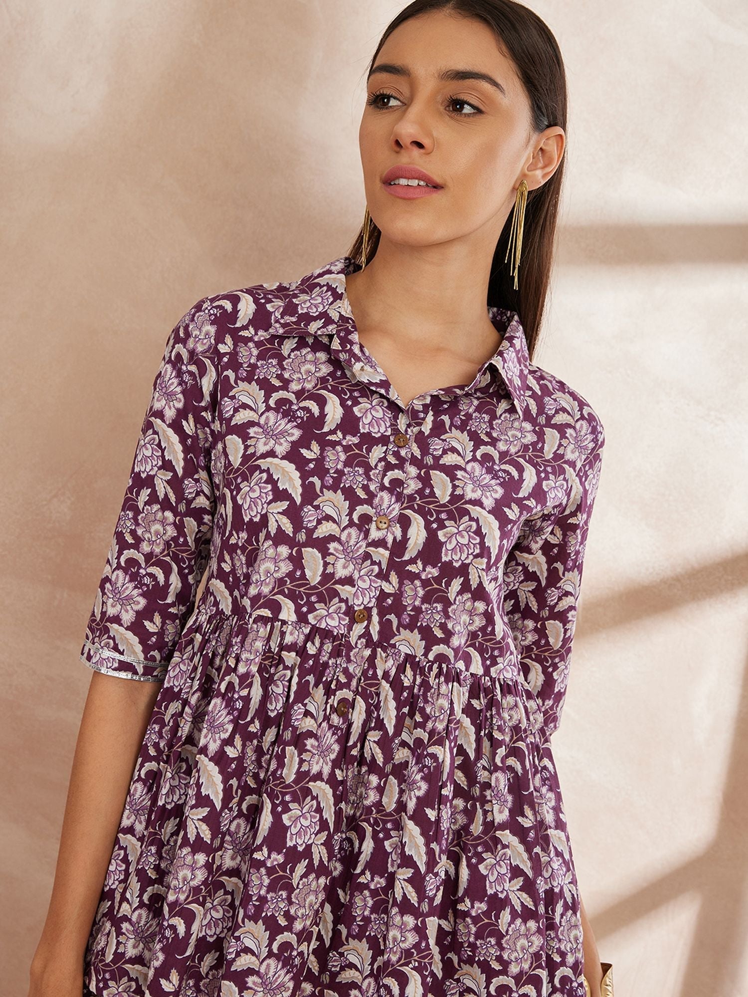 Purple Color Floral Printed Pure Cotton Tunic With Trouser