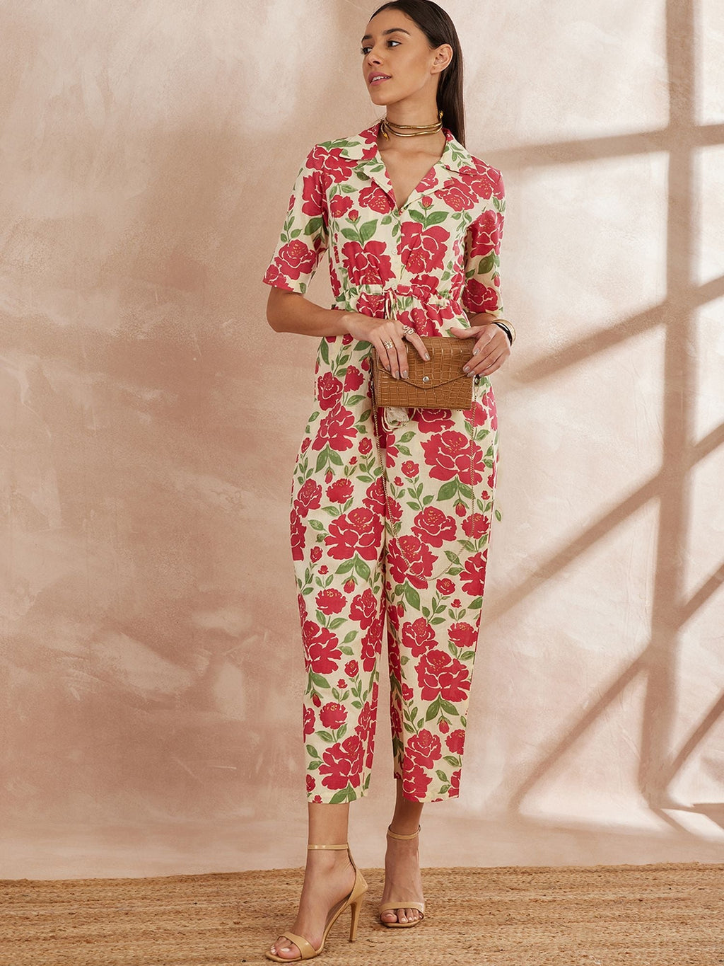 Multi Color Shirt Collar Floral Printed Cotton Basic Jumpsuit
