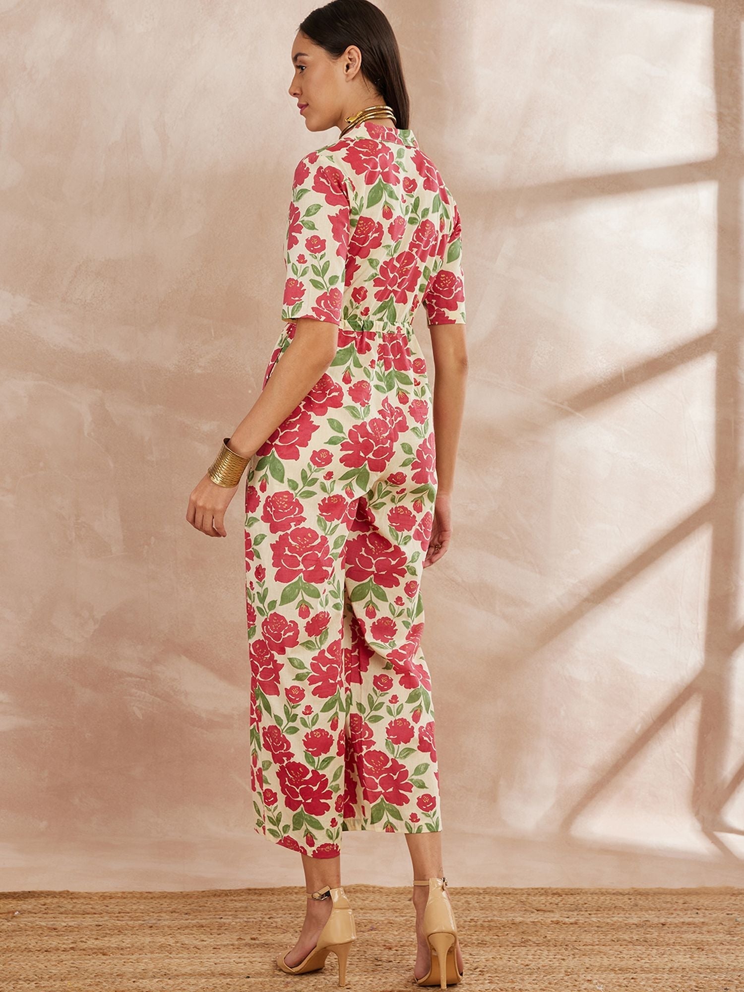 Multi Color Shirt Collar Floral Printed Cotton Basic Jumpsuit