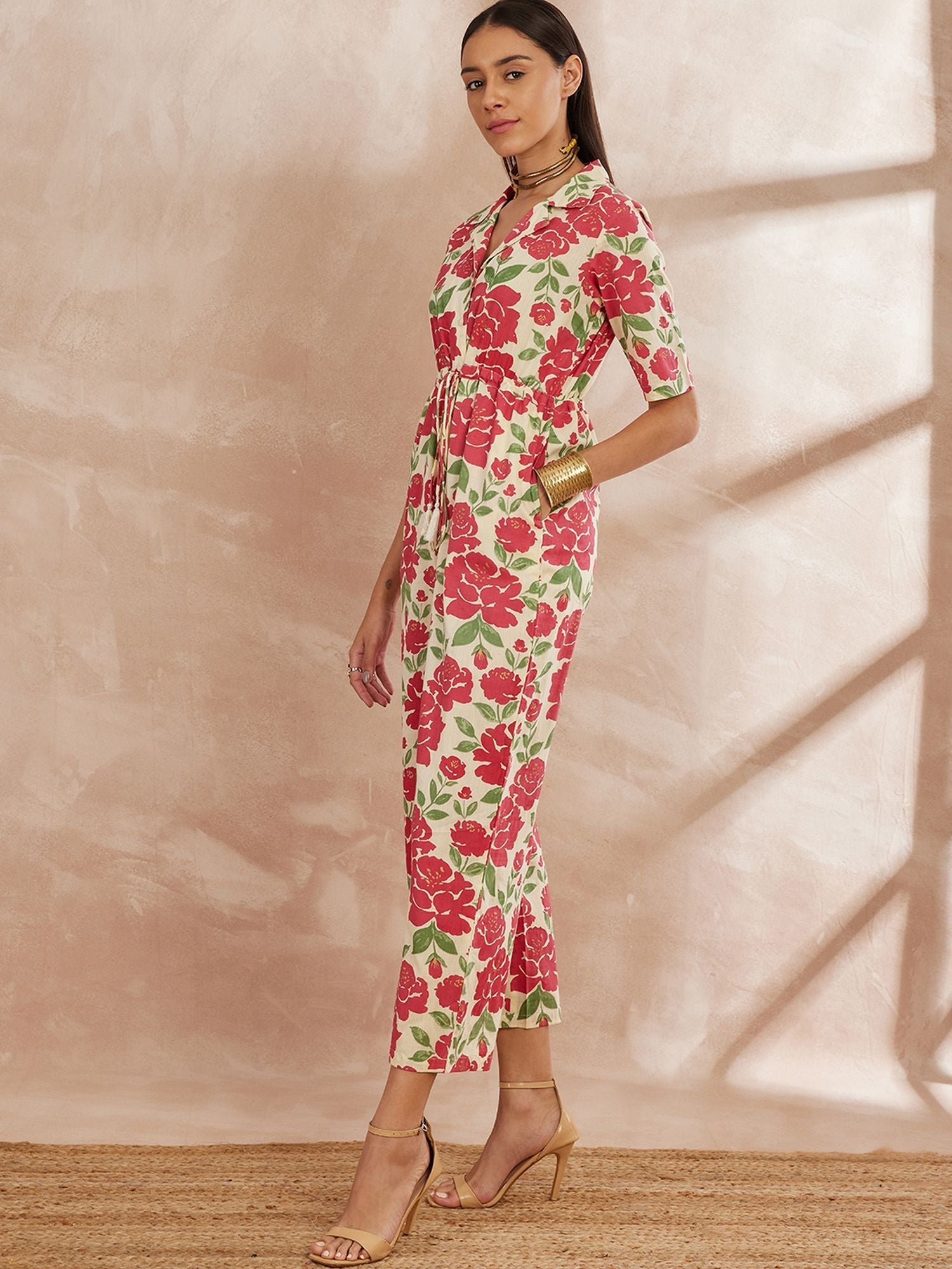 Multi Color Shirt Collar Floral Printed Cotton Basic Jumpsuit