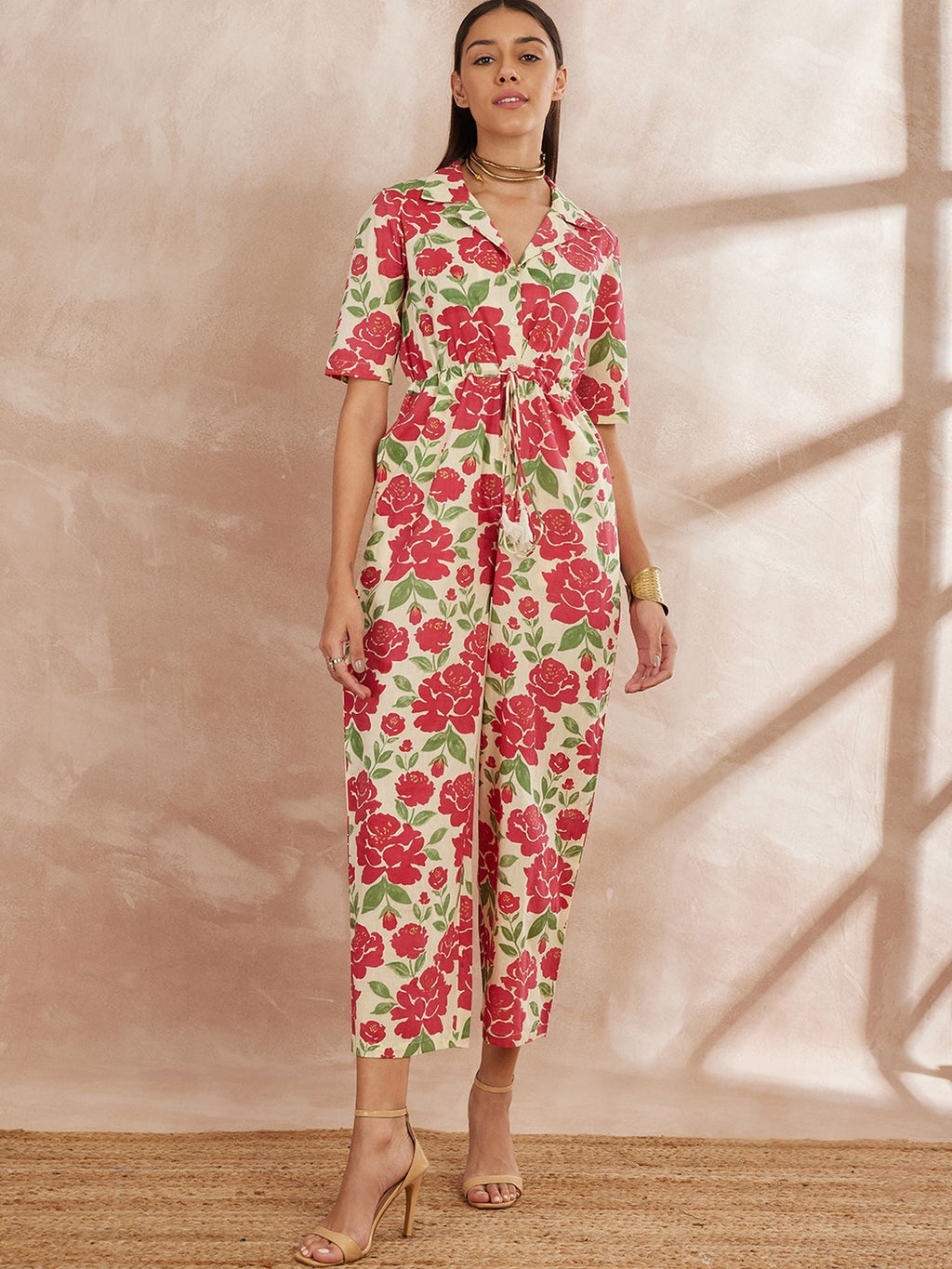 Multi Color Shirt Collar Floral Printed Cotton Basic Jumpsuit