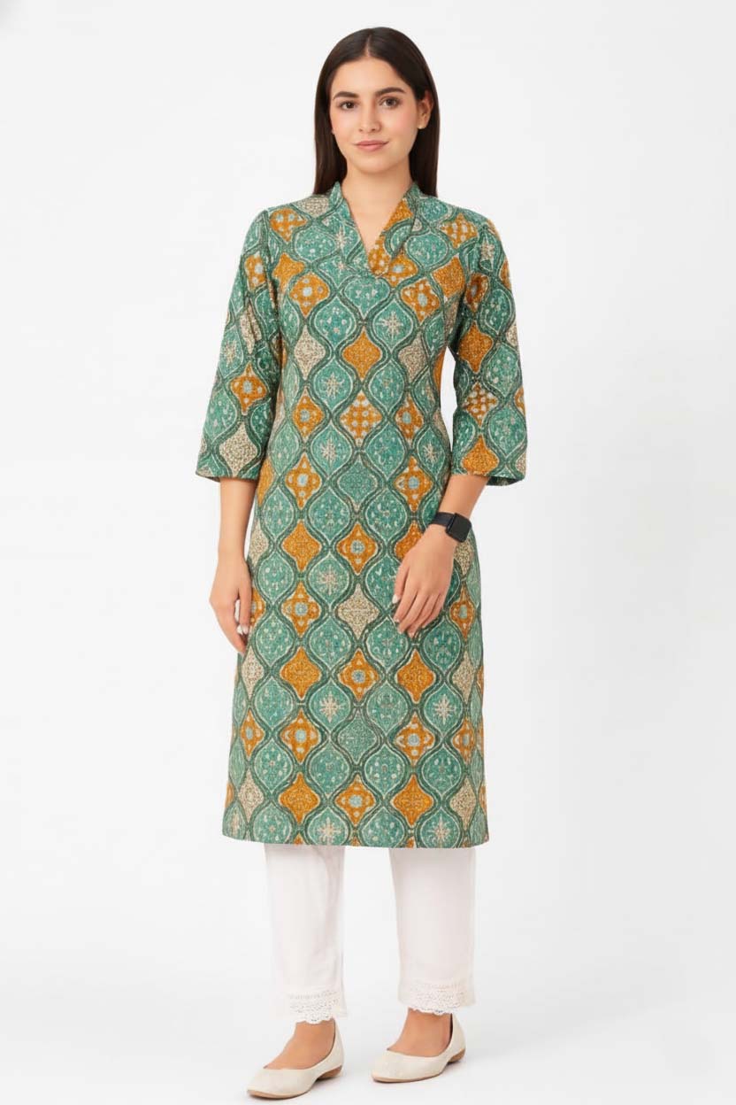 Green Color V Neck Cotton Kurta With Pant Set