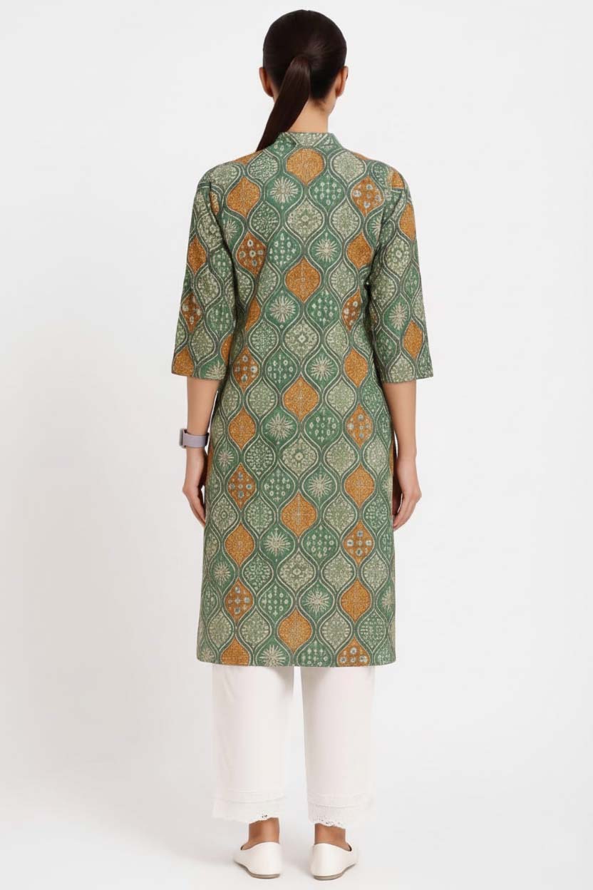 Green Color V Neck Cotton Kurta With Pant Set
