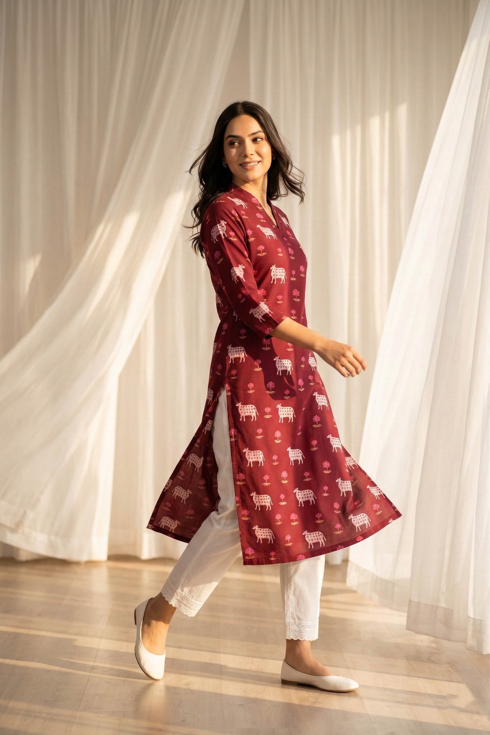 Maroon V Neck Cotton Kurta With Pant Set