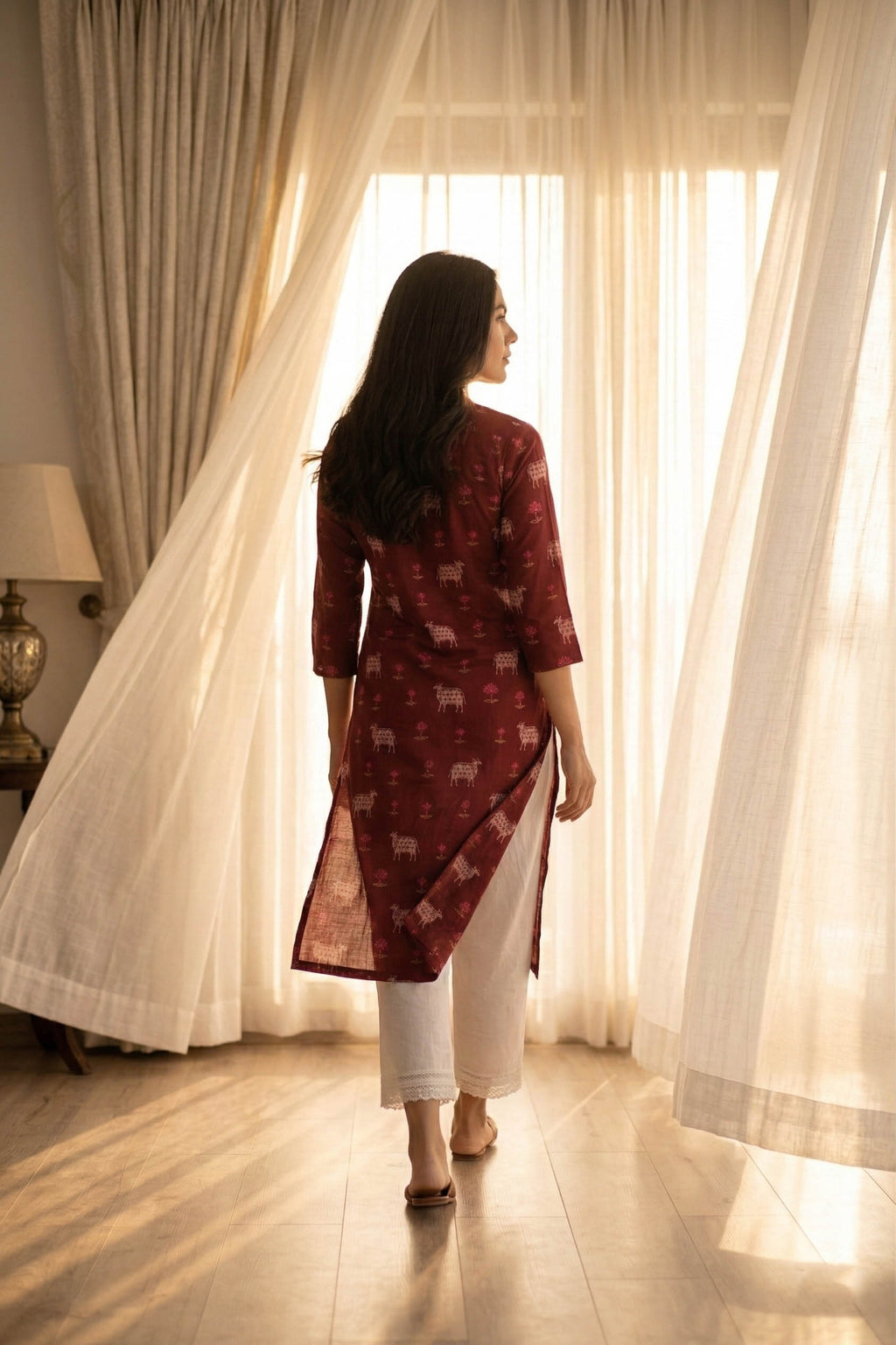 Maroon V Neck Cotton Kurta With Pant Set
