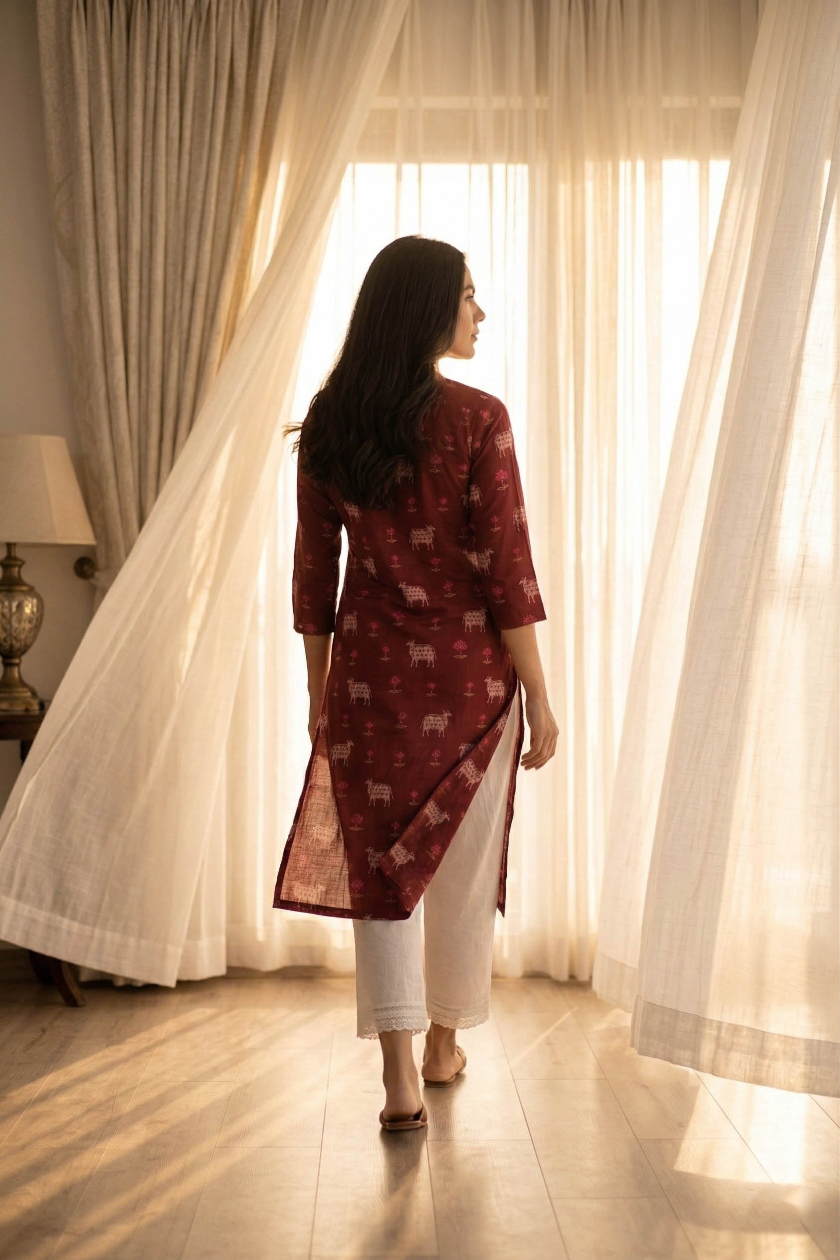 Maroon V Neck Cotton Kurta With Pant Set
