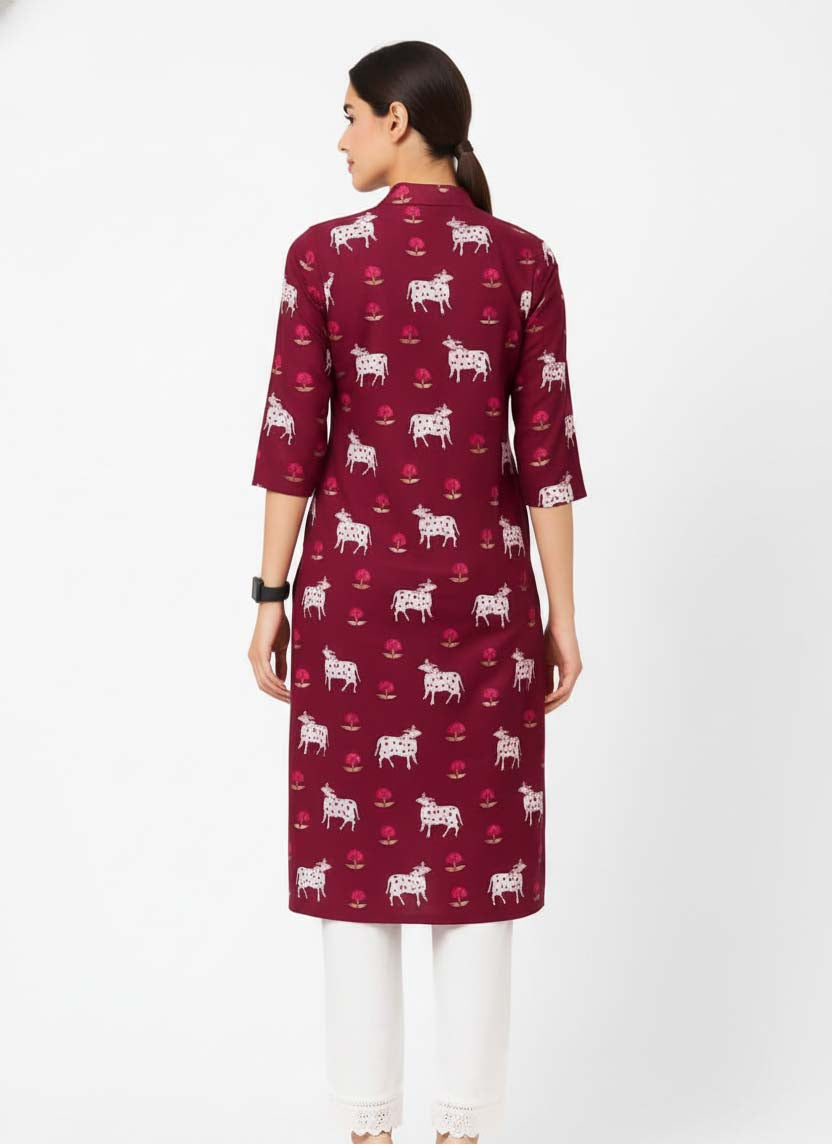 Maroon V Neck Cotton Kurta With Pant Set