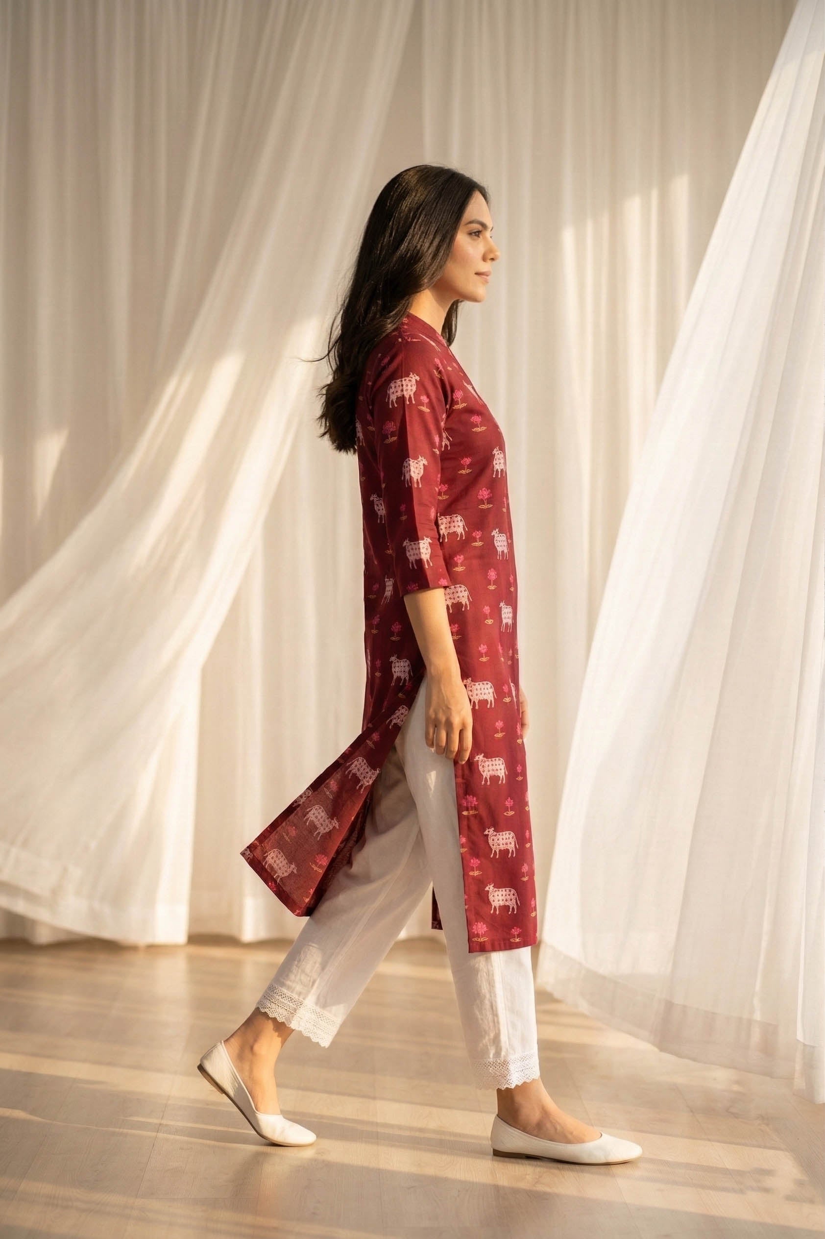 Maroon V Neck Cotton Kurta With Pant Set