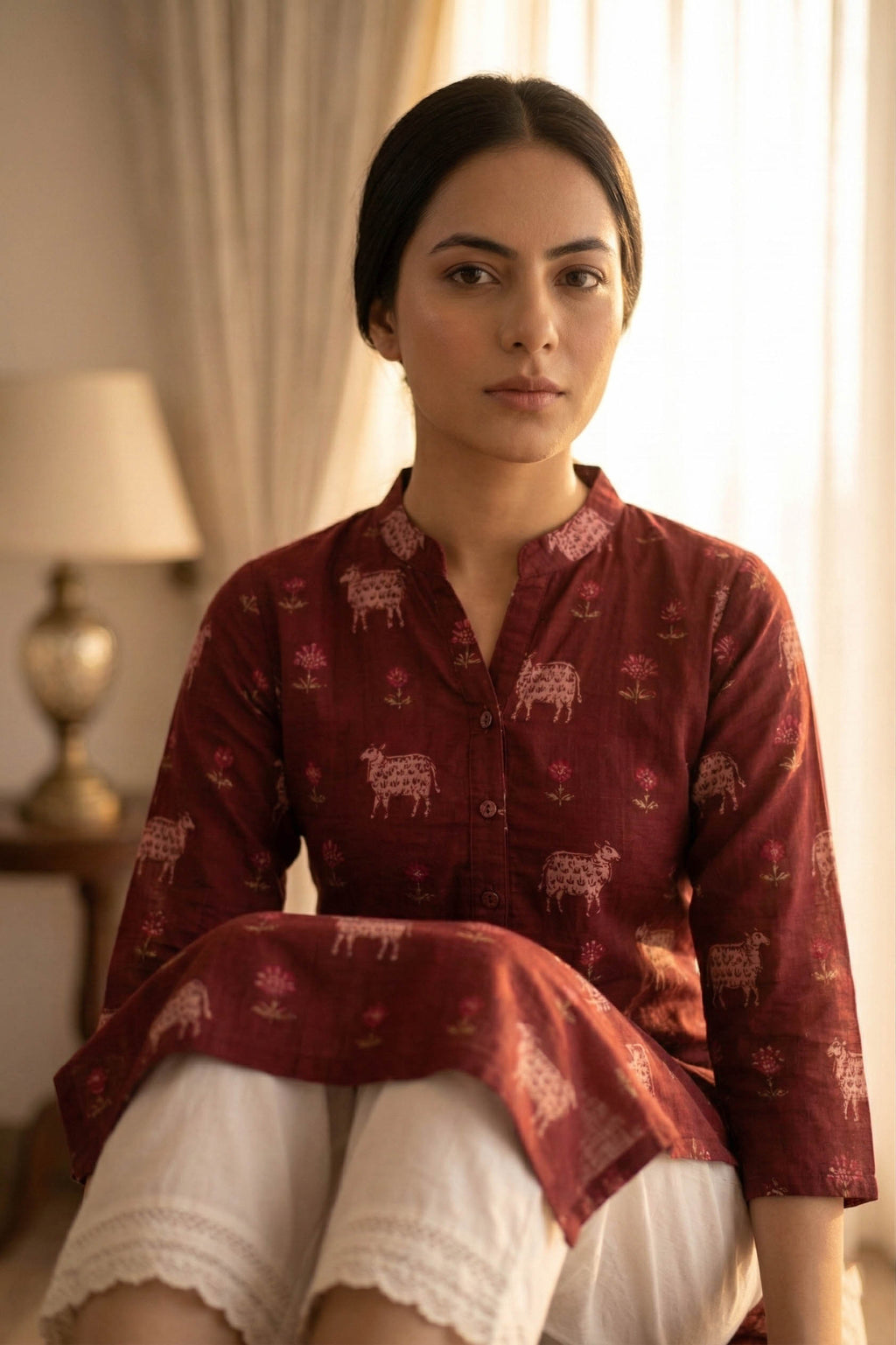 Maroon V Neck Cotton Kurta With Pant Set