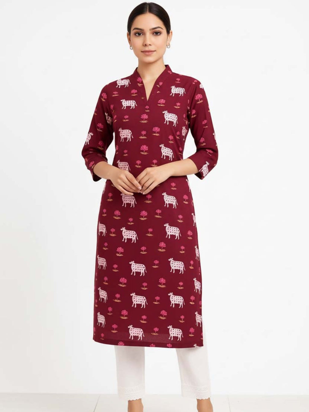 Maroon V Neck Cotton Kurta With Pant Set