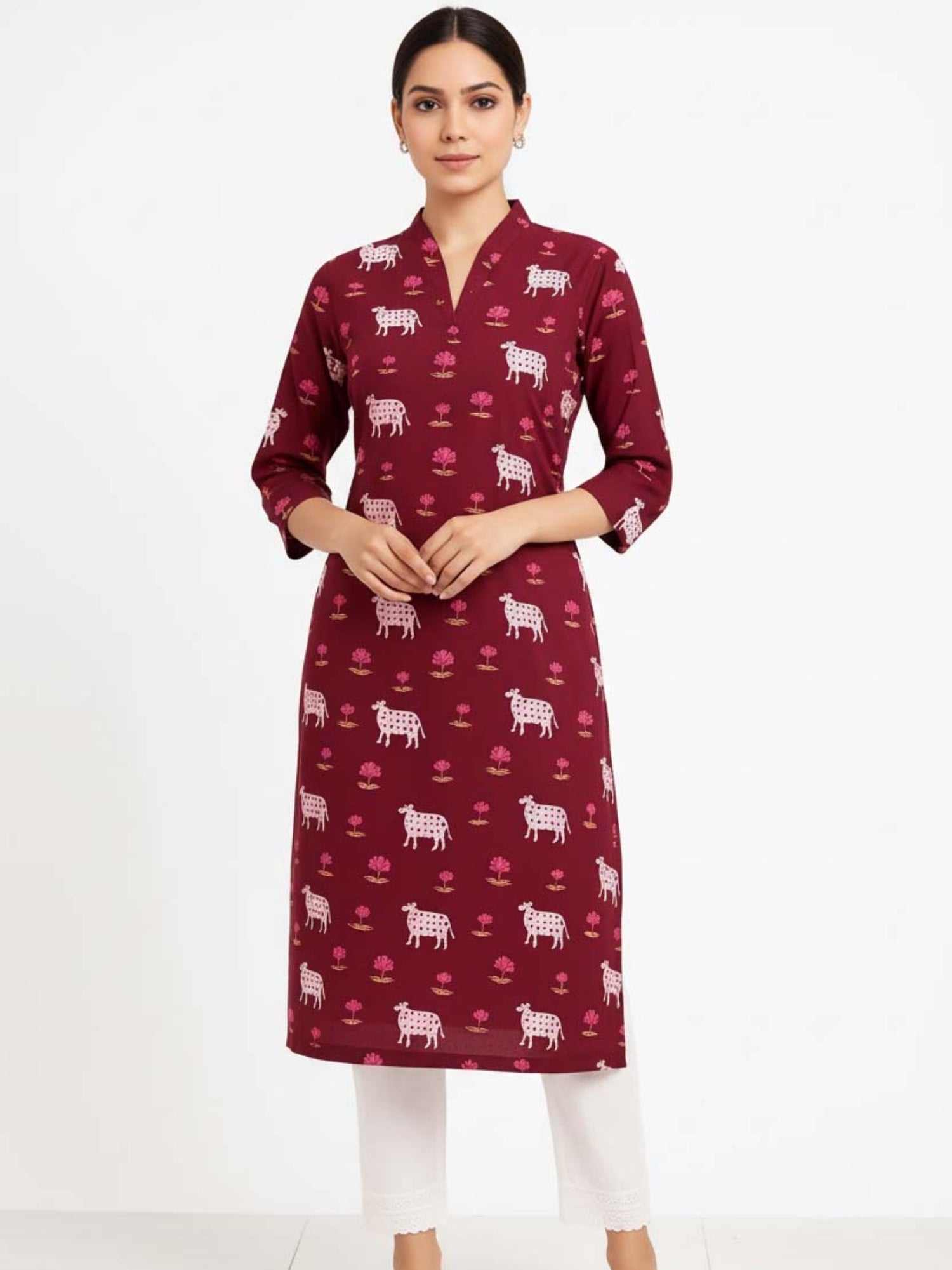 Maroon V Neck Cotton Kurta With Pant Set