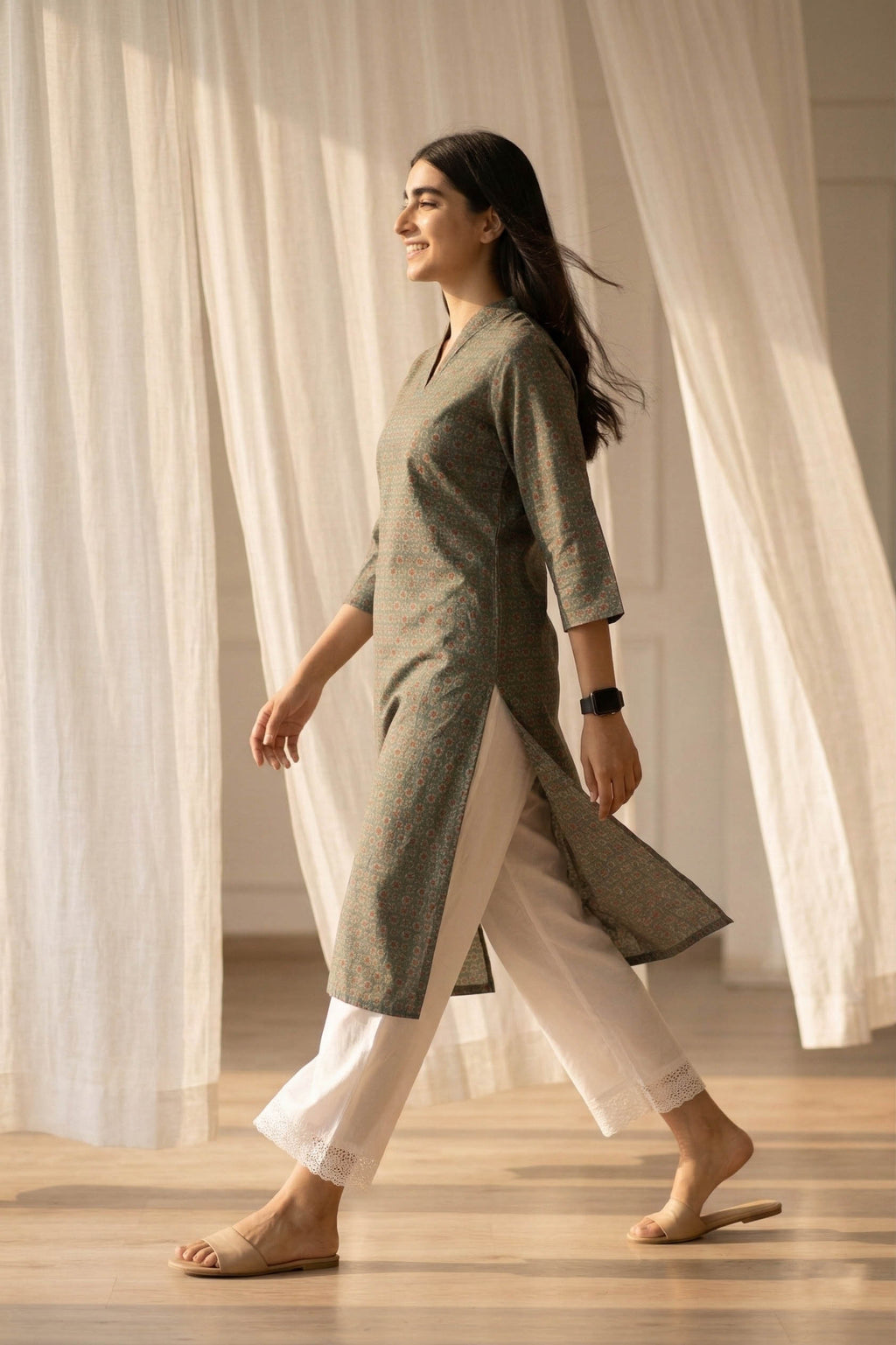 Olive Green V Neck Cotton Kurta With Pant Set