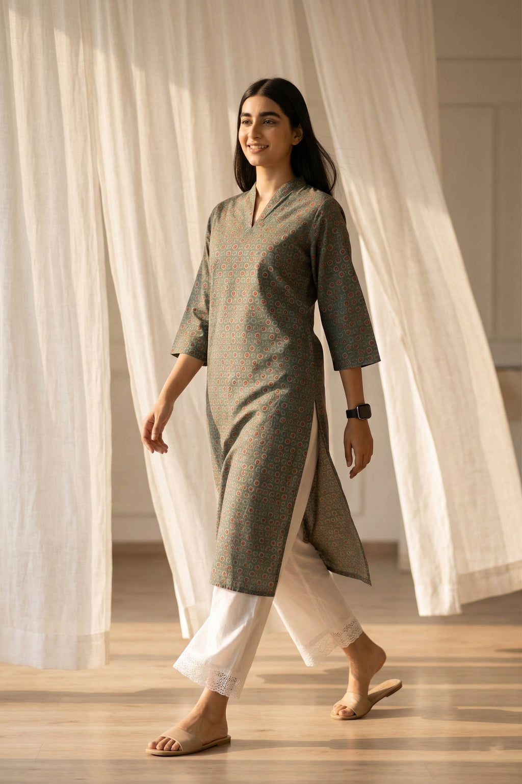 Olive Green V Neck Cotton Kurta With Pant Set