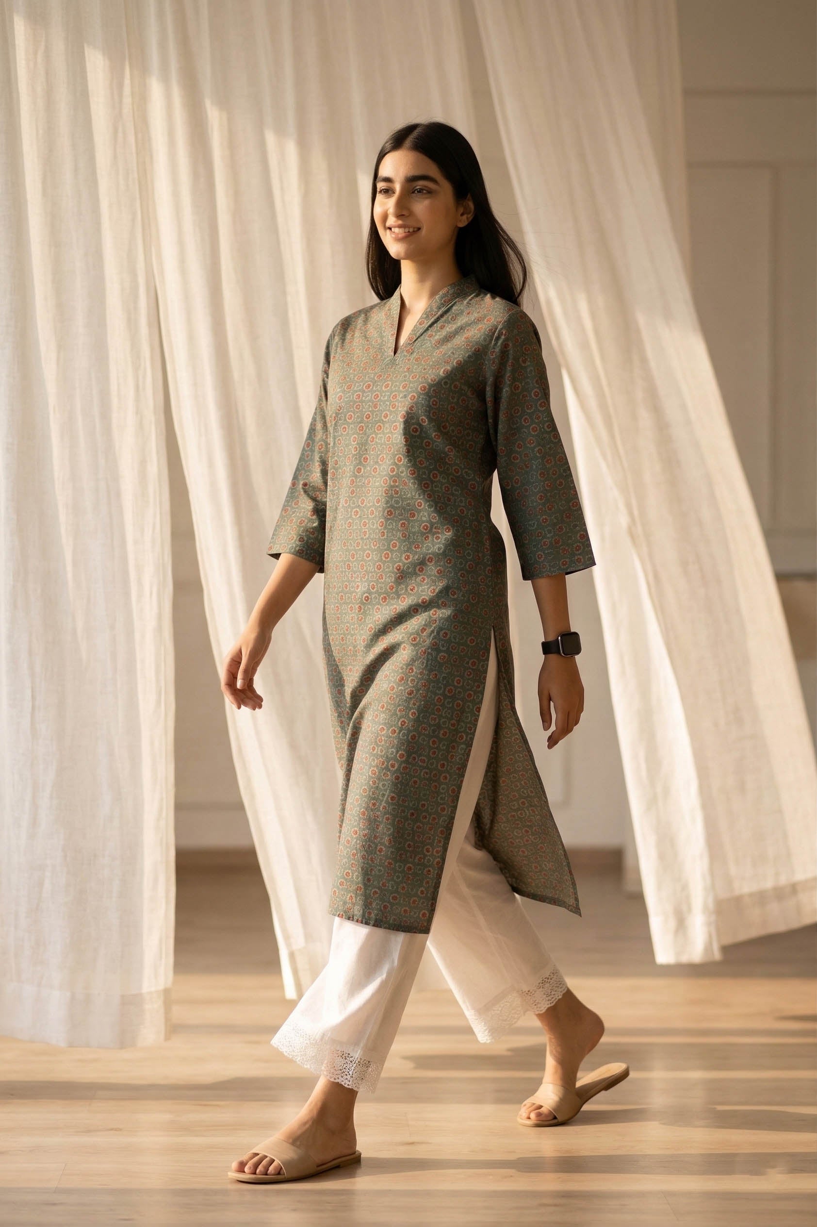 Olive Green V Neck Cotton Kurta With Pant Set