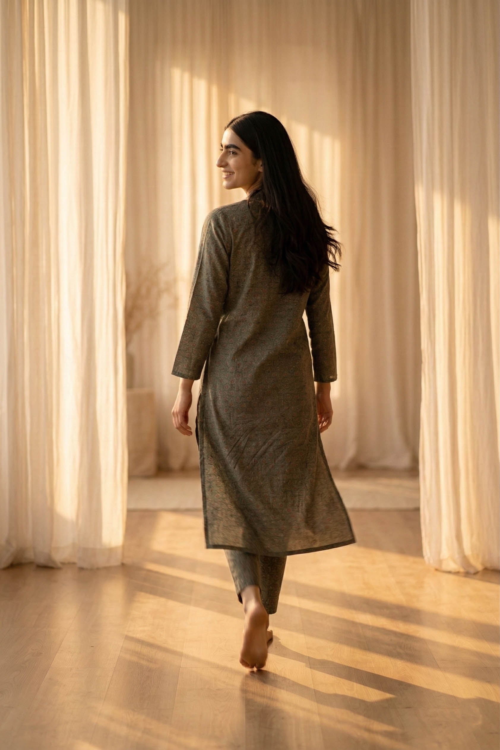 Olive Green V Neck Cotton Kurta With Pant Set