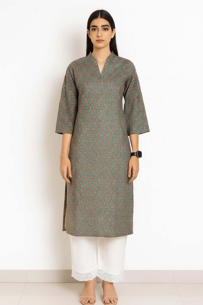 Olive Green V Neck Cotton Kurta With Pant Set