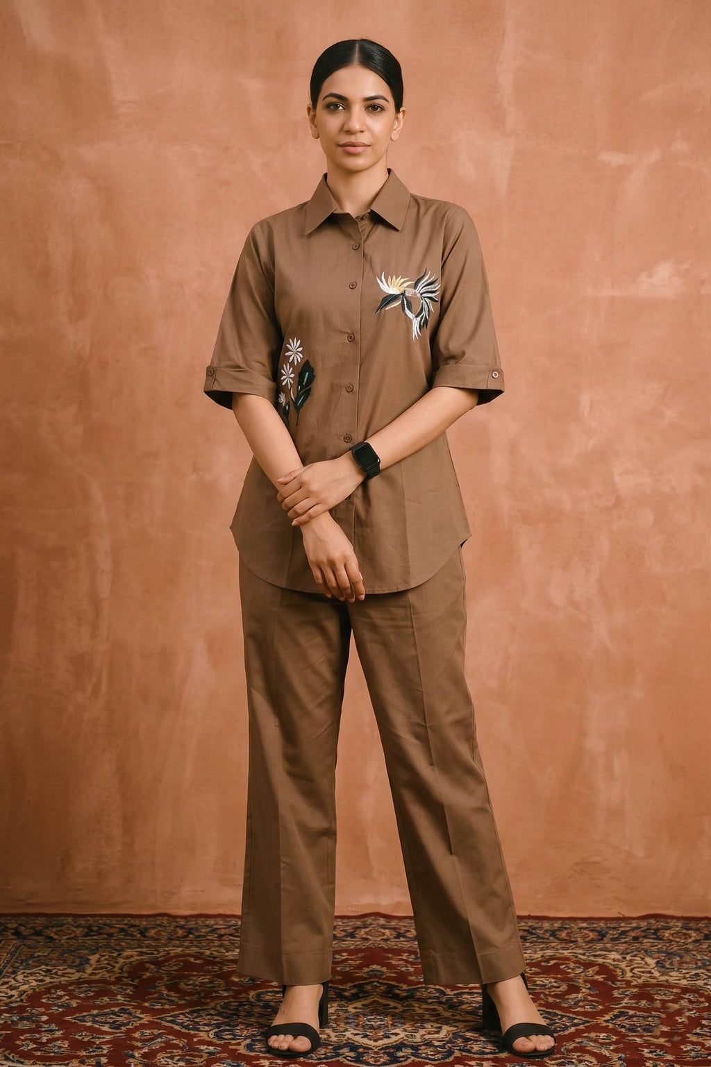 Brown Color Cotton Embroidery Coord Set