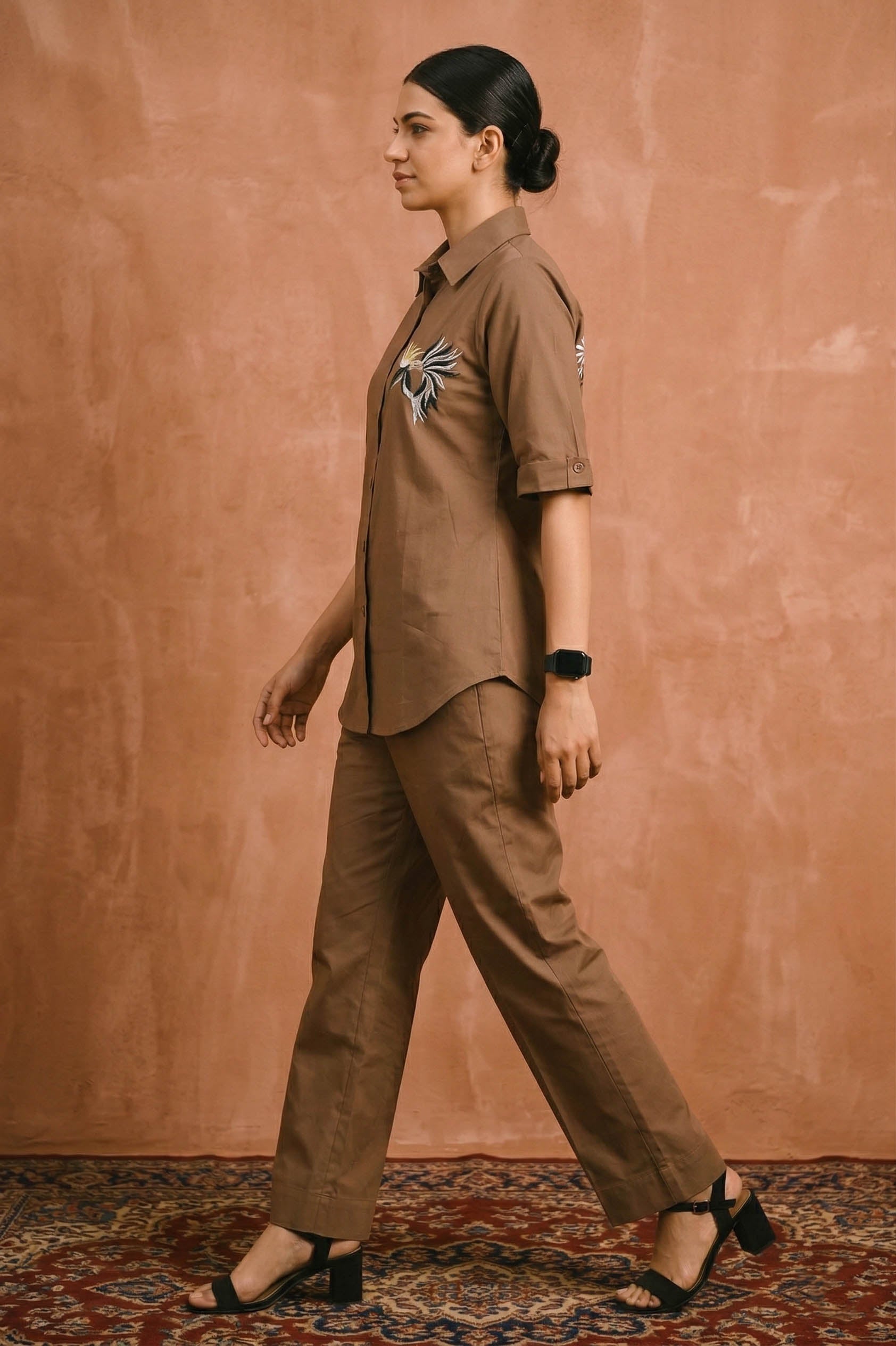 Brown Color Cotton Embroidery Coord Set
