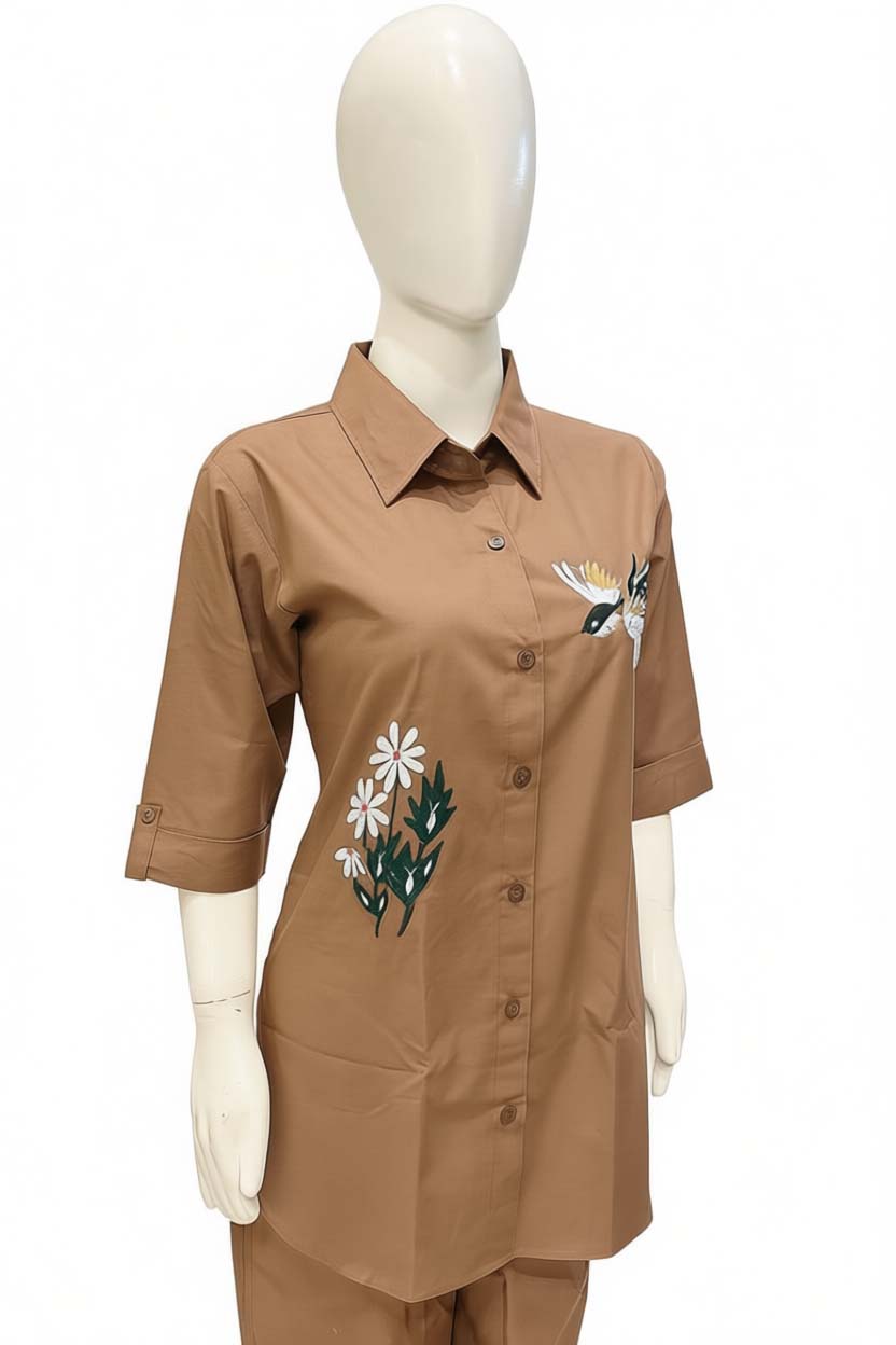 Brown Color Cotton Embroidery Coord Set