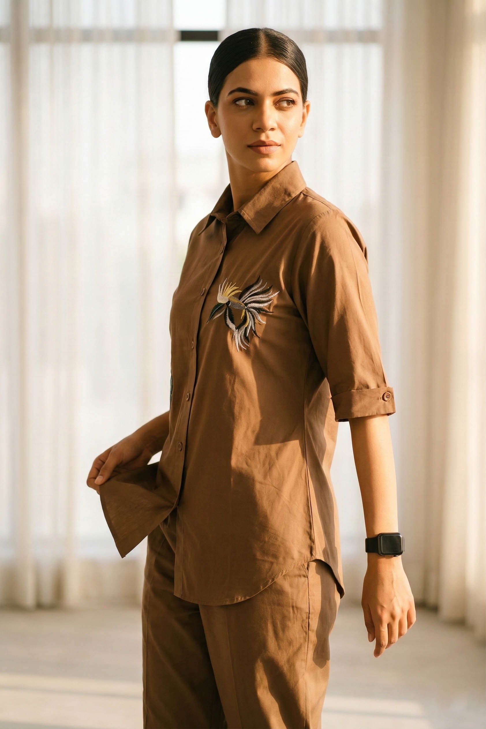 Brown Color Cotton Embroidery Coord Set