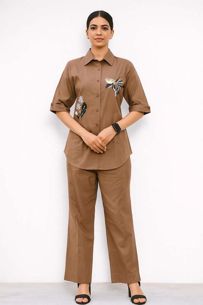 Brown Color Cotton Embroidery Coord Set