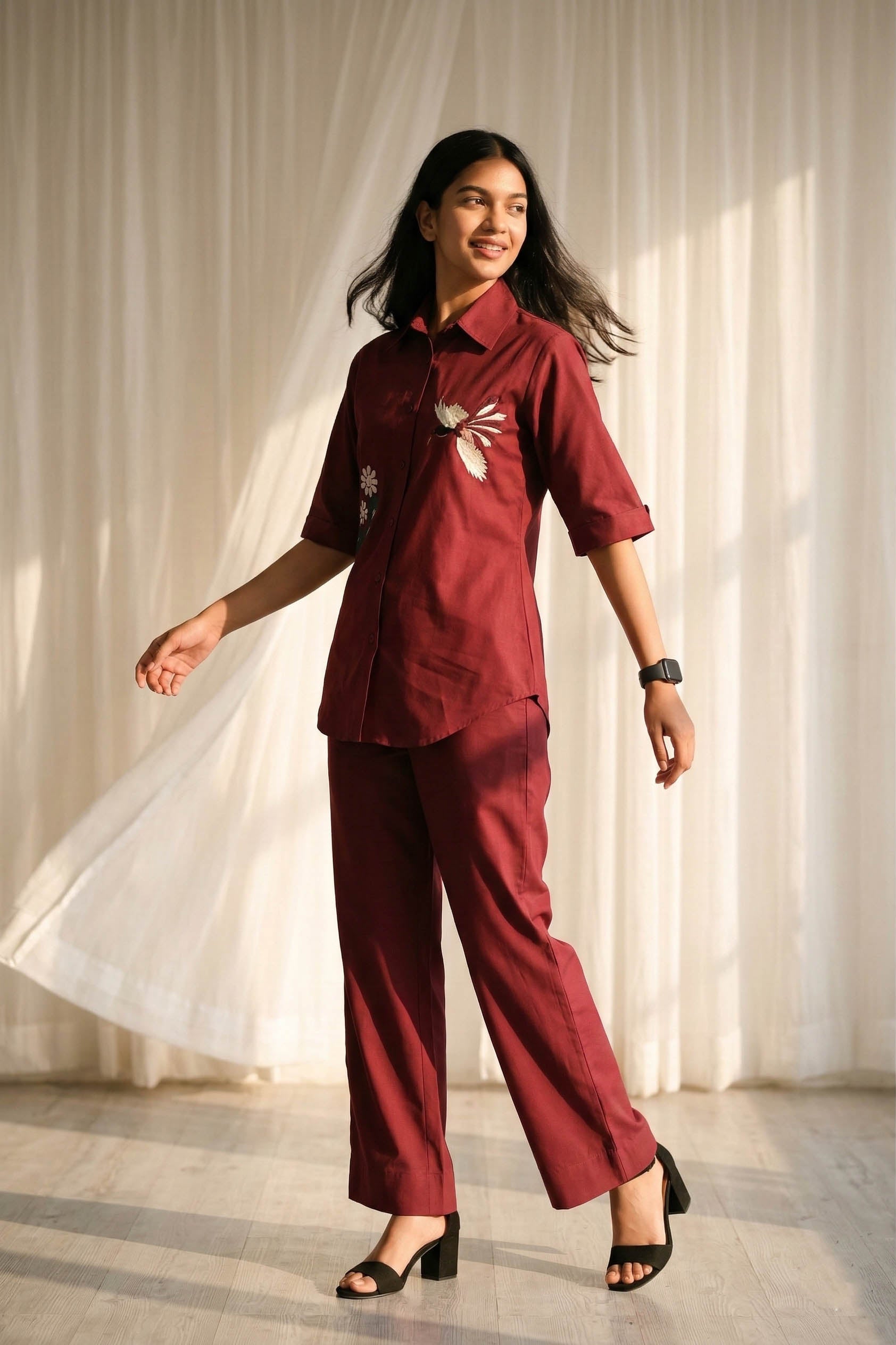 Maroon Color Cotton Embroidery Coord Set