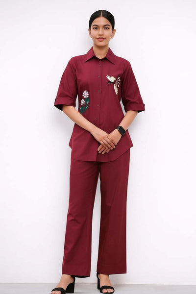 Maroon Color Cotton Embroidery Coord Set