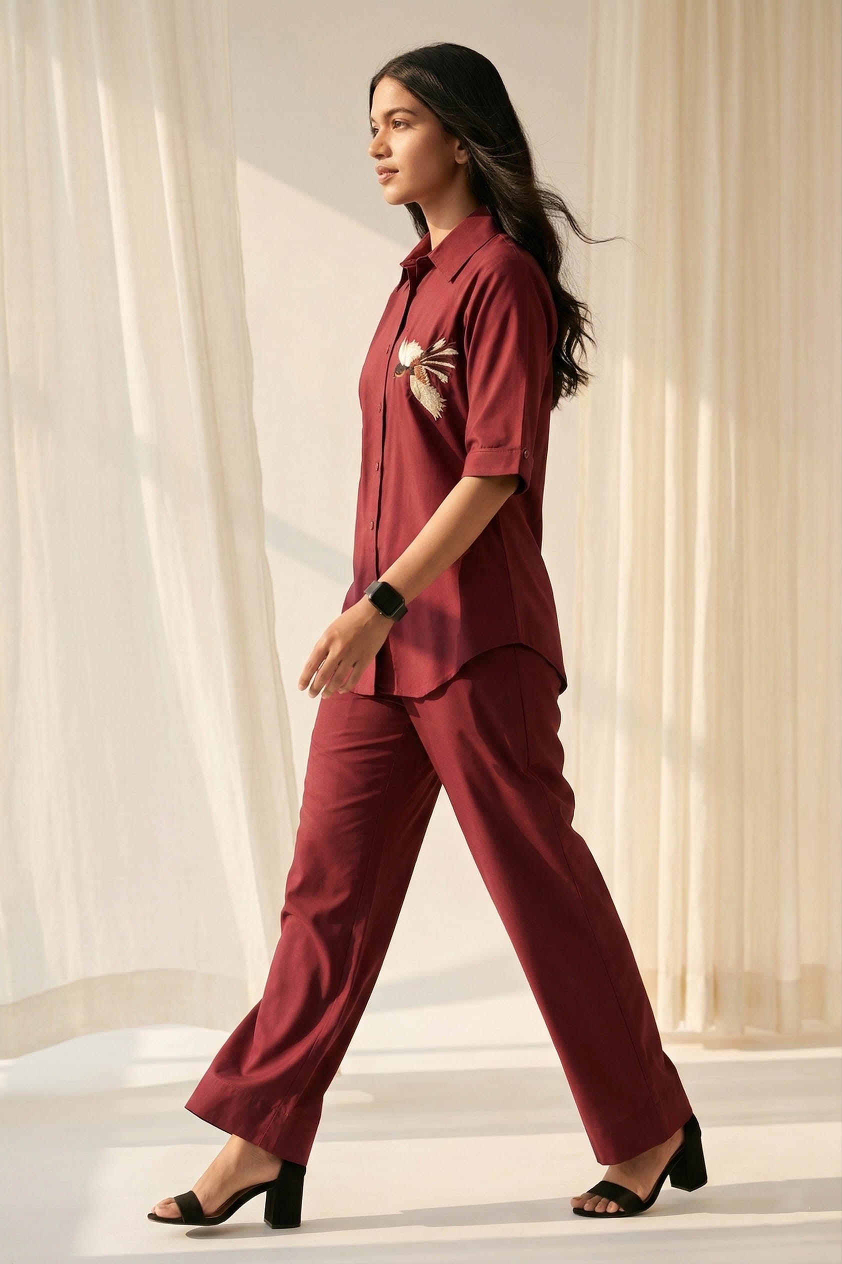 Maroon Color Cotton Embroidery Coord Set