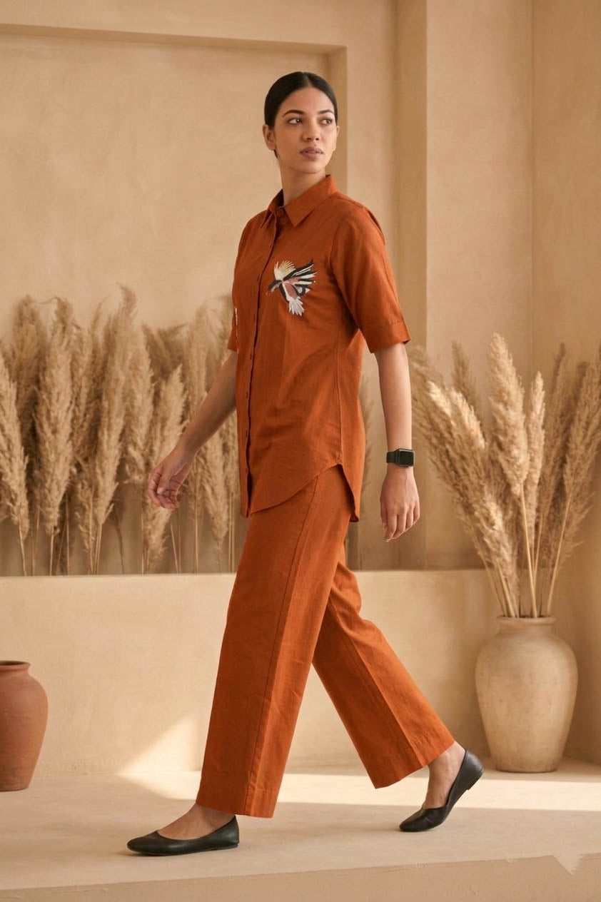 Orange Color Cotton Embroidery Coord Set