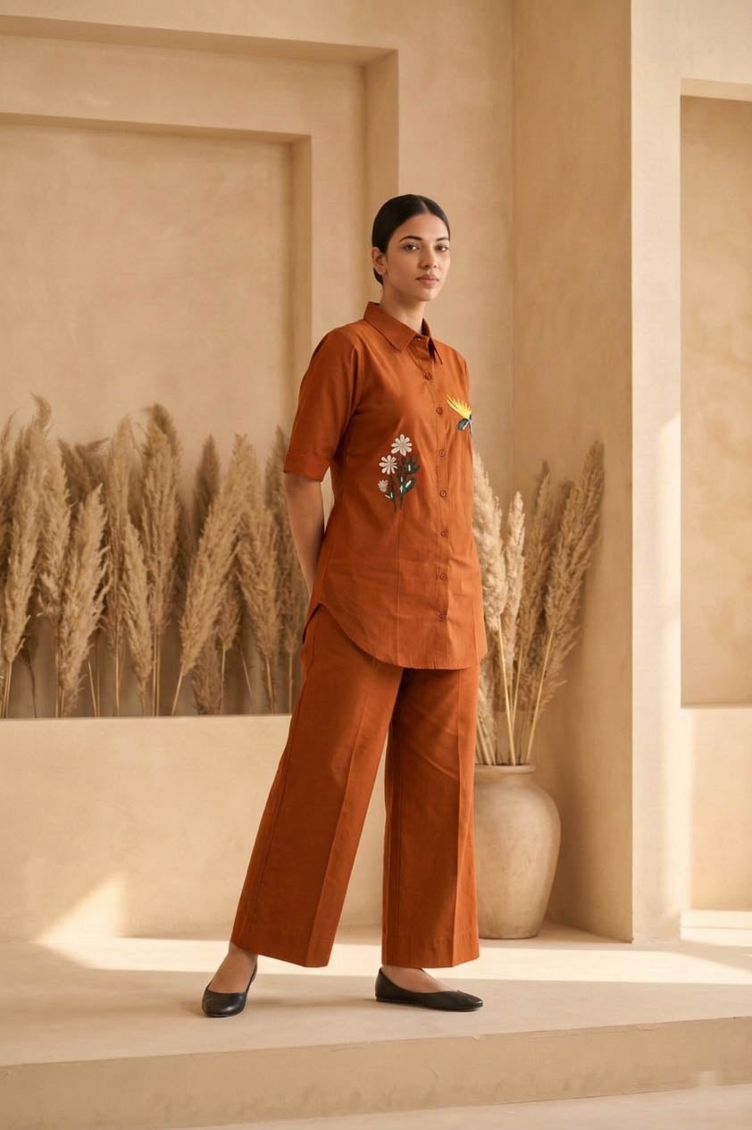 Orange Color Cotton Embroidery Coord Set
