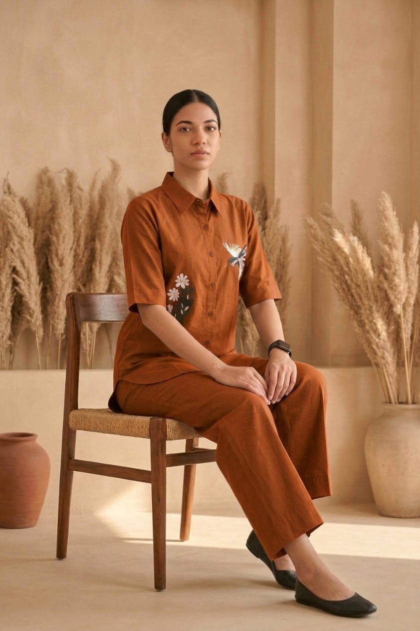 Orange Color Cotton Embroidery Coord Set