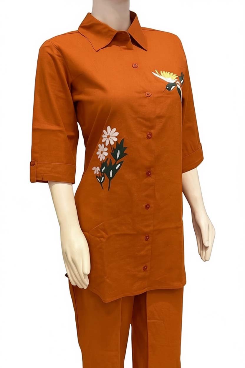 Orange Color Cotton Embroidery Coord Set