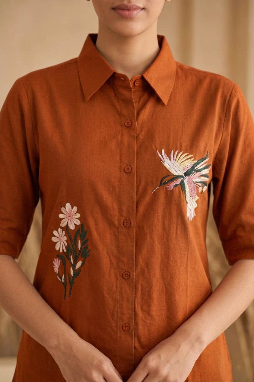 Orange Color Cotton Embroidery Coord Set