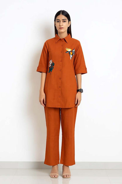 Orange Color Cotton Embroidery Coord Set