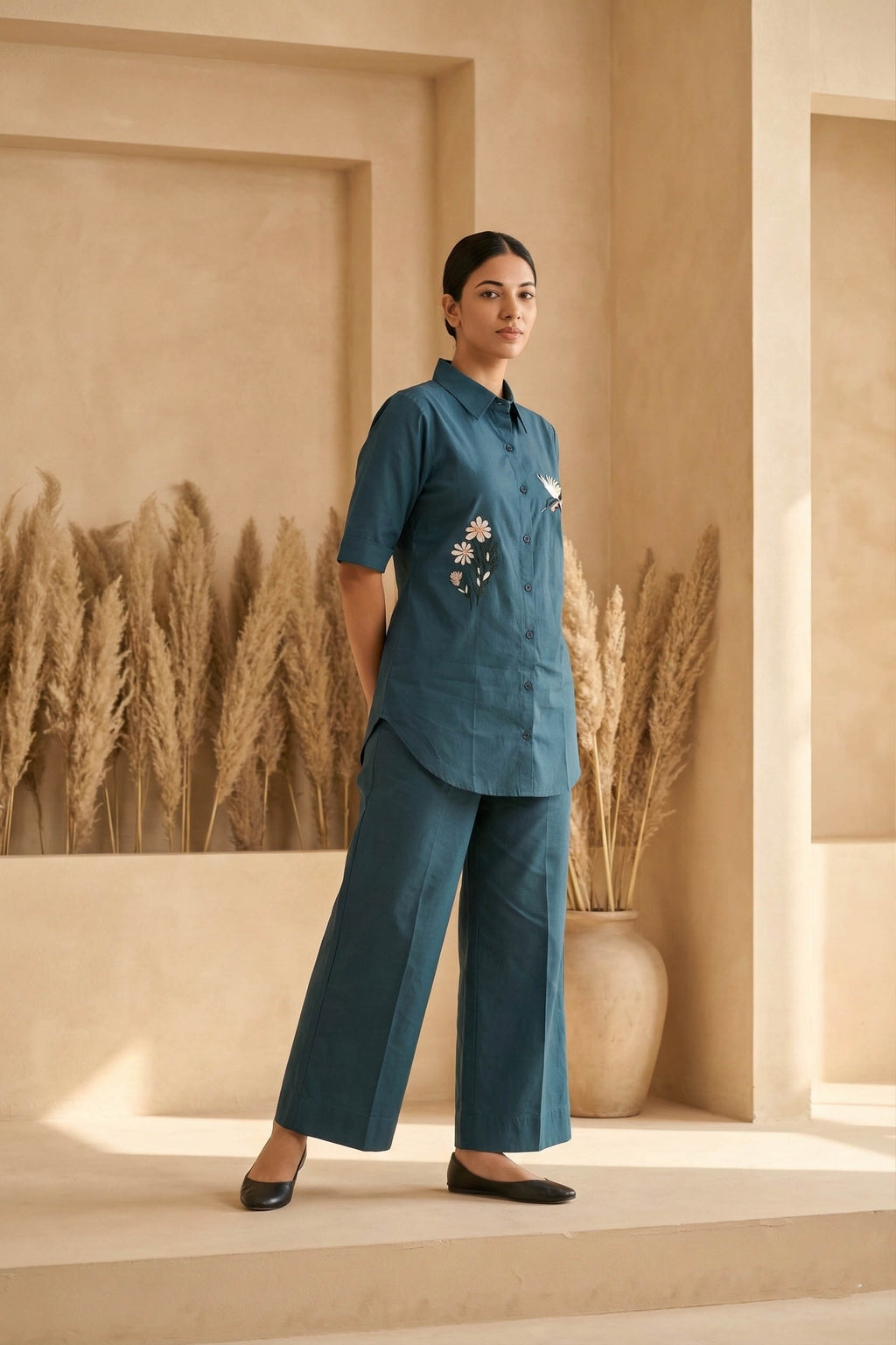 Turquoise Blue Color Cotton Embroidery Coord Set