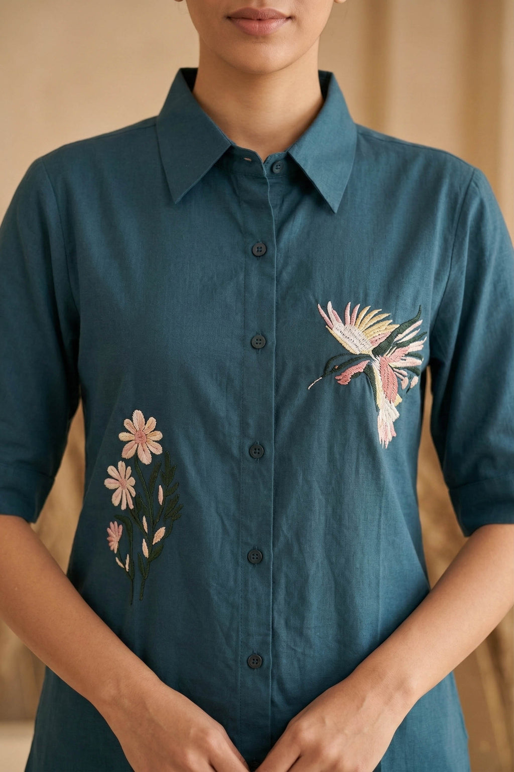 Turquoise Blue Color Cotton Embroidery Coord Set