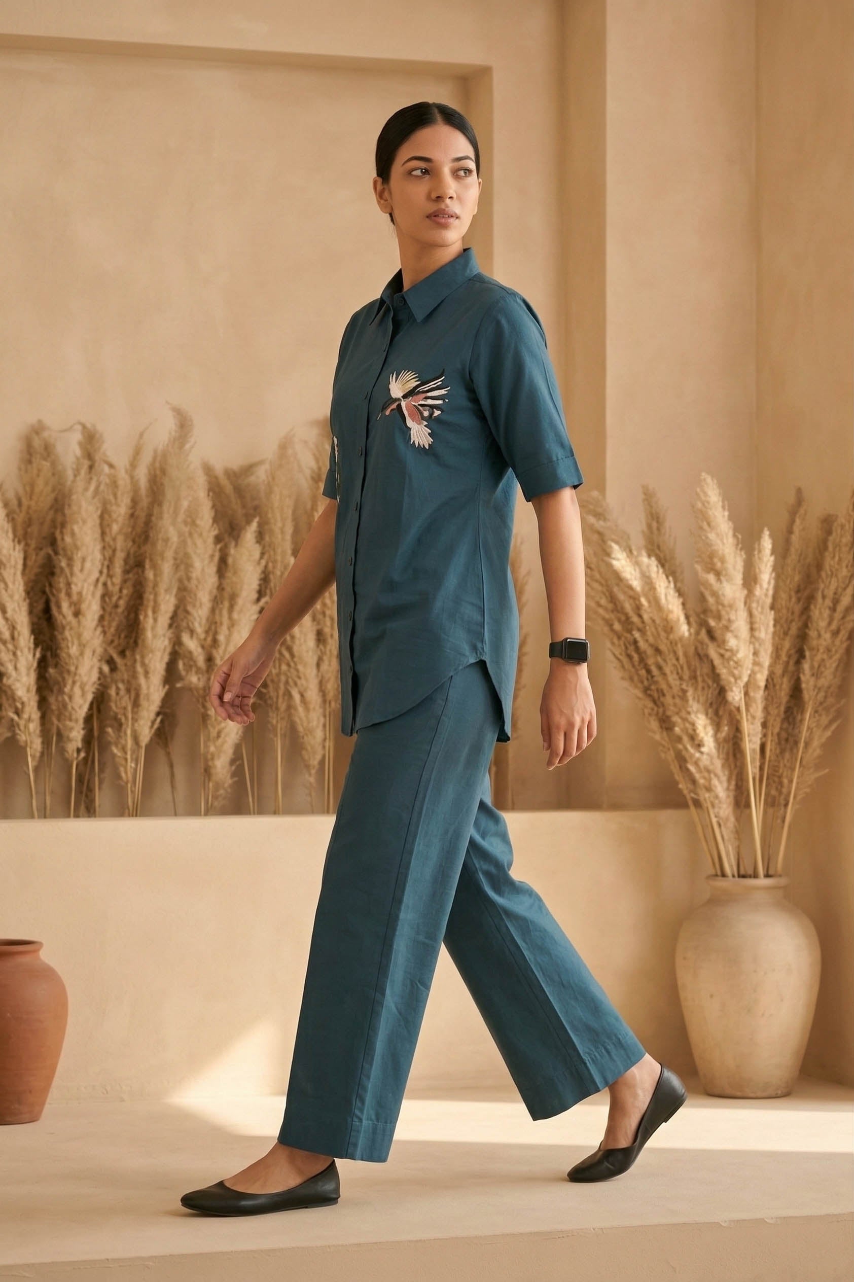 Turquoise Blue Color Cotton Embroidery Coord Set