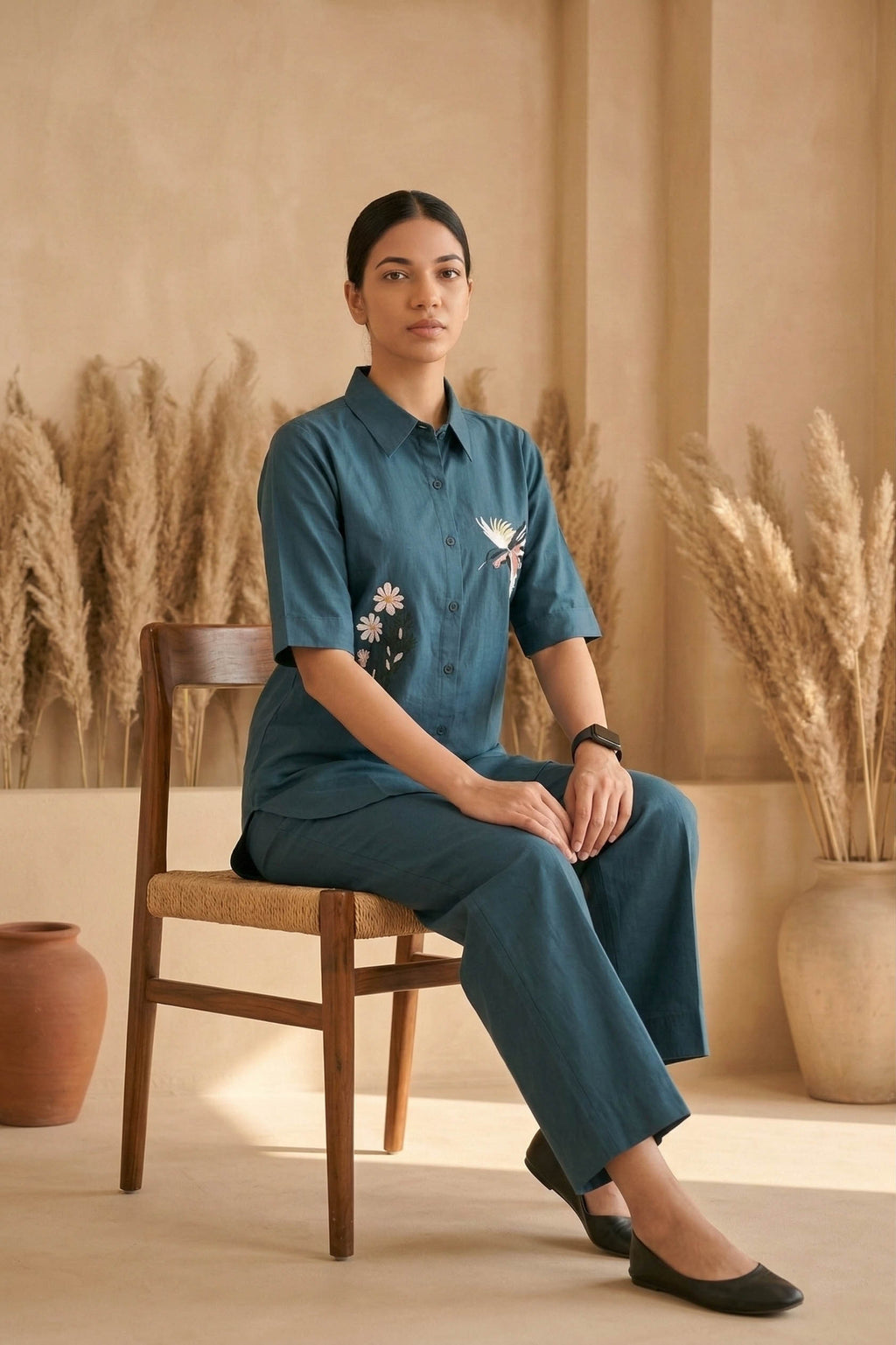 Turquoise Blue Color Cotton Embroidery Coord Set