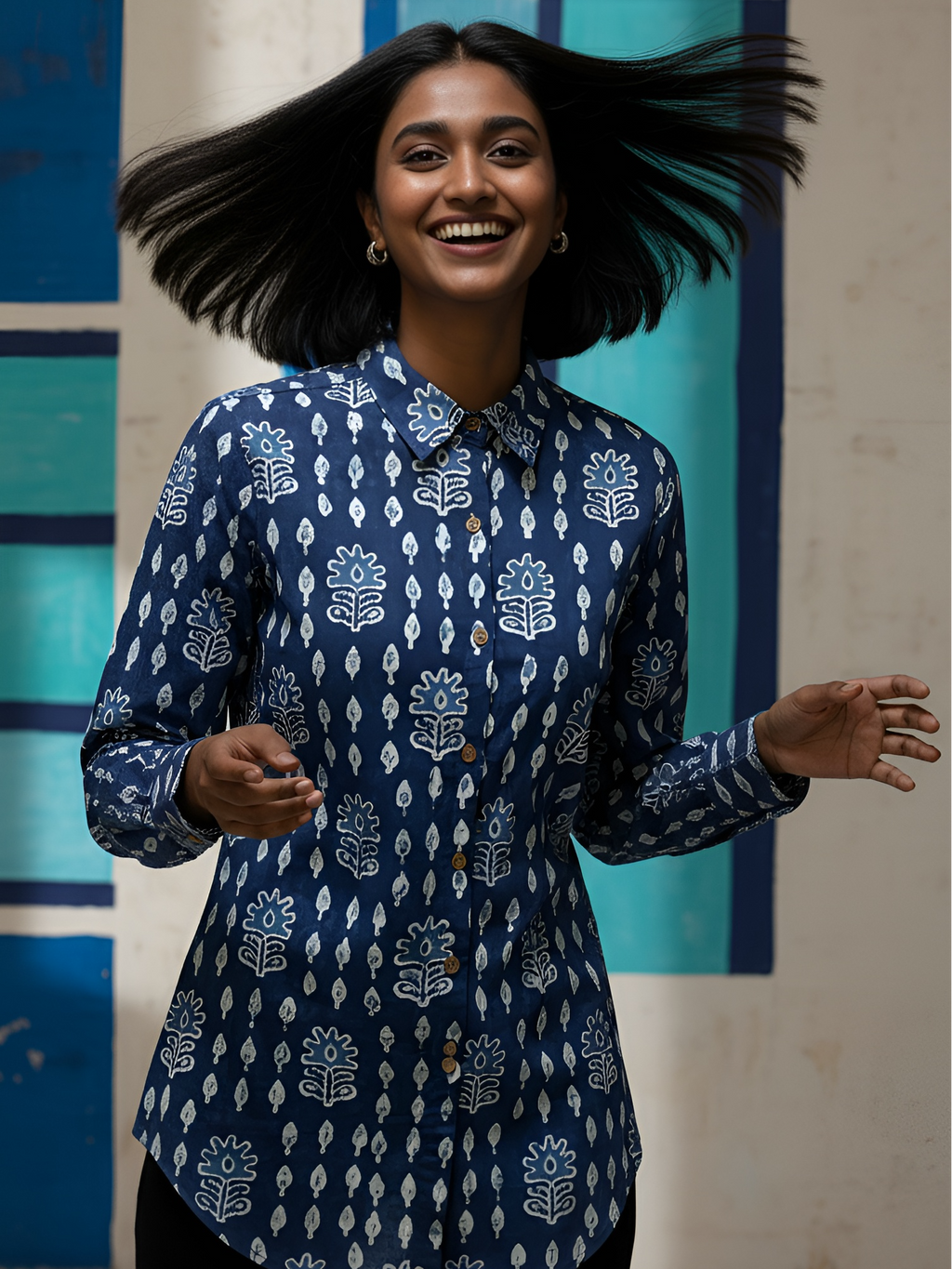 Blue Color Women Cotton Shirts