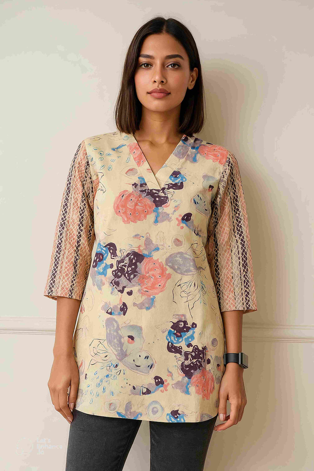 Cream Color Printed Traditional Top