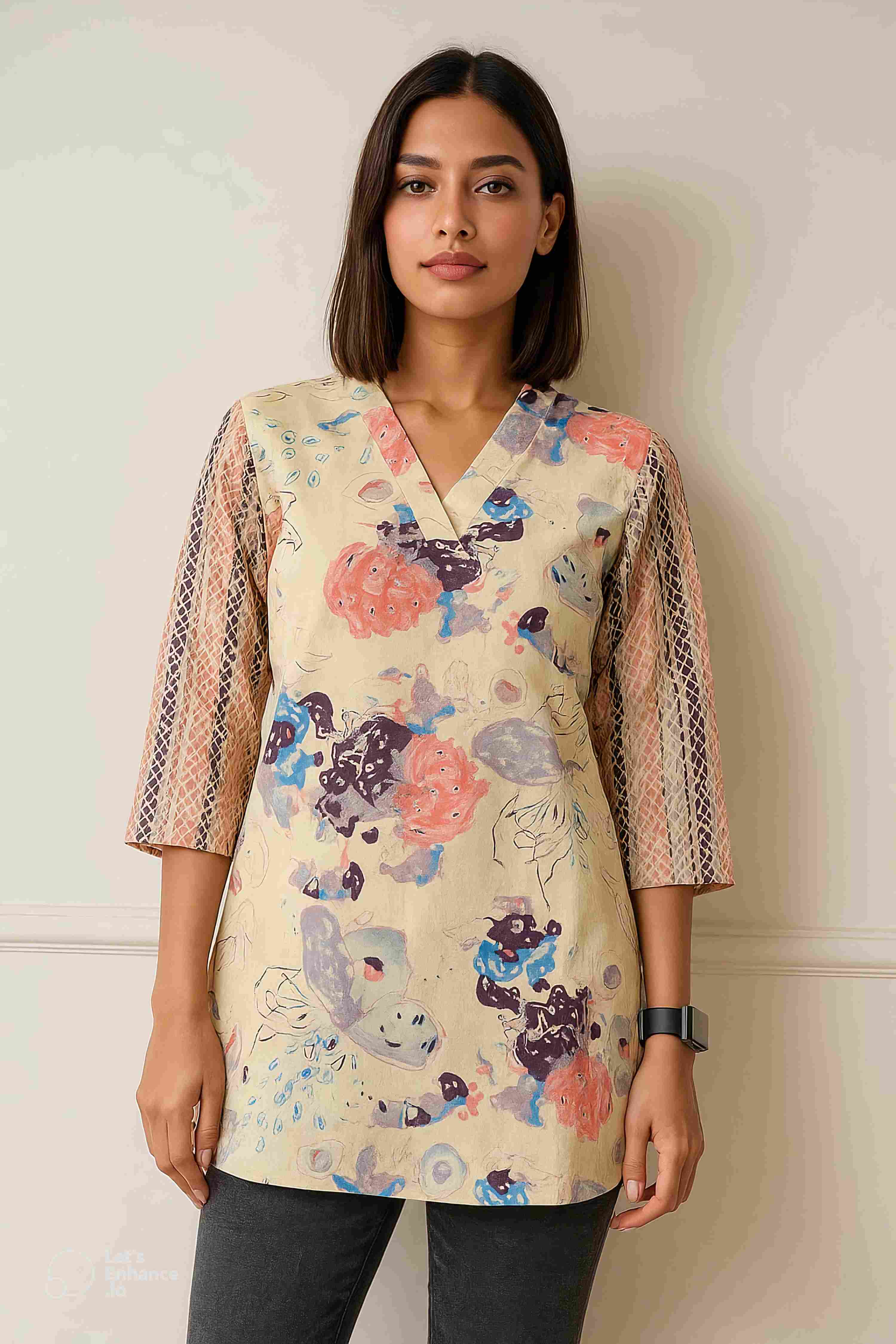 Cream Color Printed Traditional Top