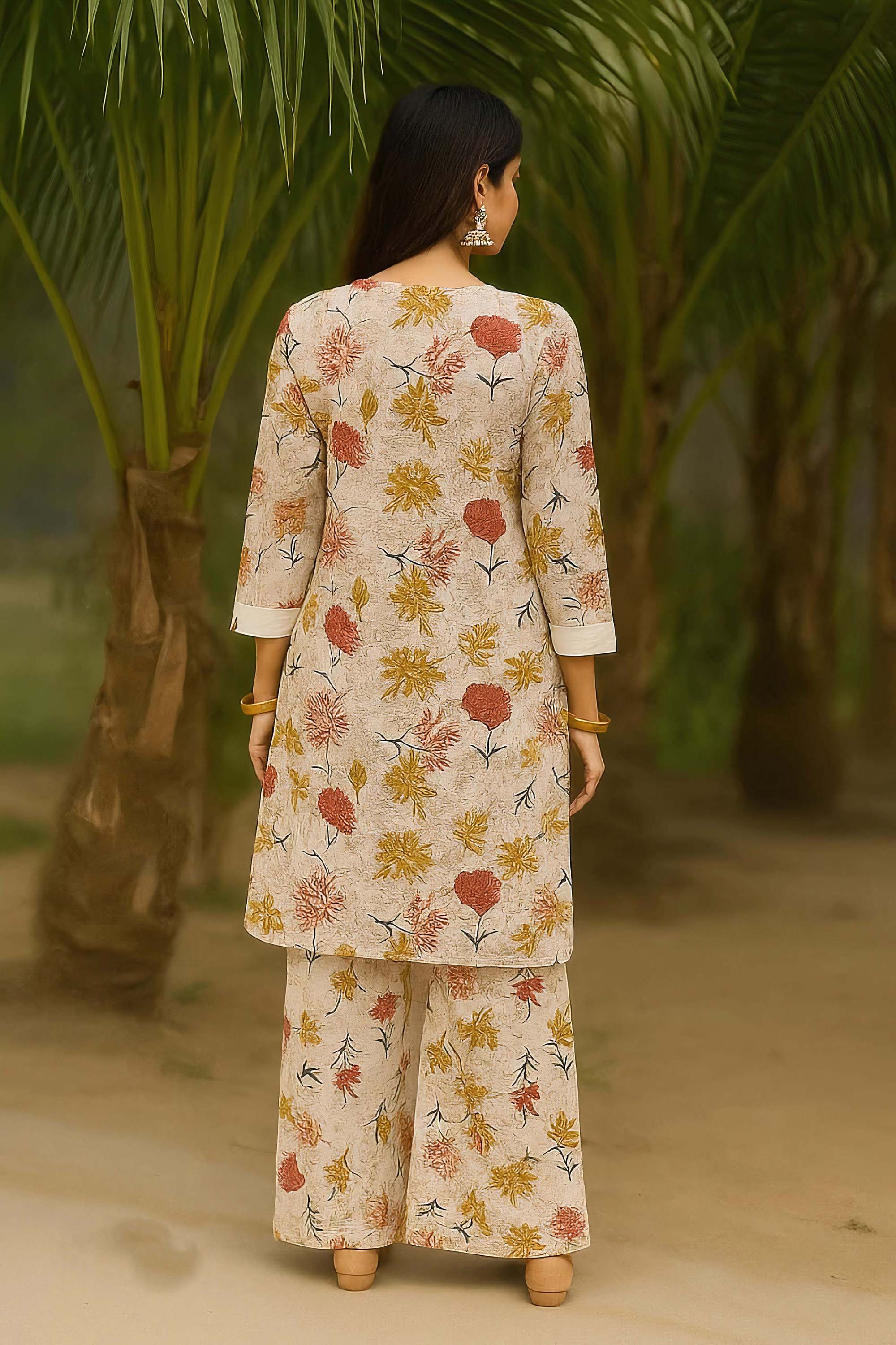 White Color Festive Special Printed Cotton Co-Ord Set