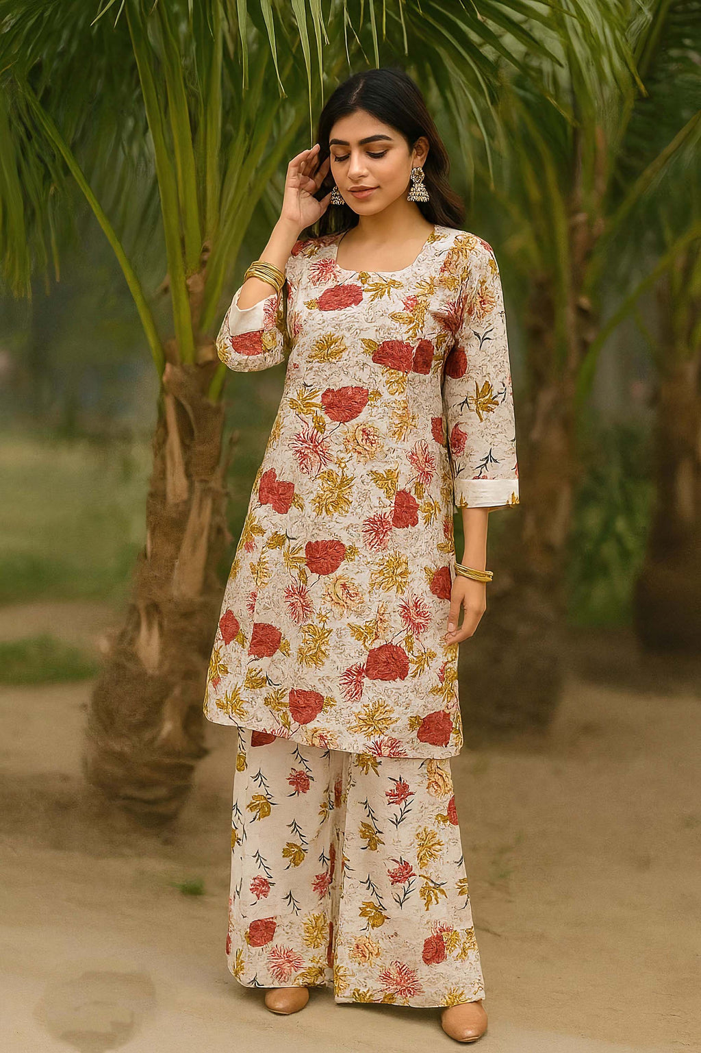 White Color Festive Special Printed Cotton Co-Ord Set