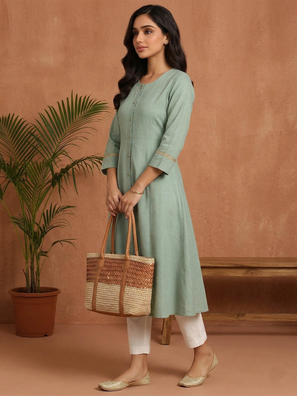 Aqua Green Color Subtle Golden Geometric Block Print Kurta